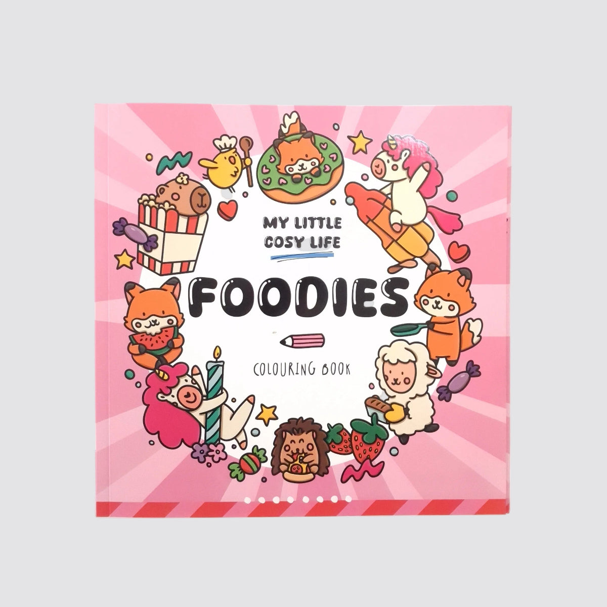 Coloring book titled 'My Little Cosy Life Foodies' with cartoon characters on a pink background