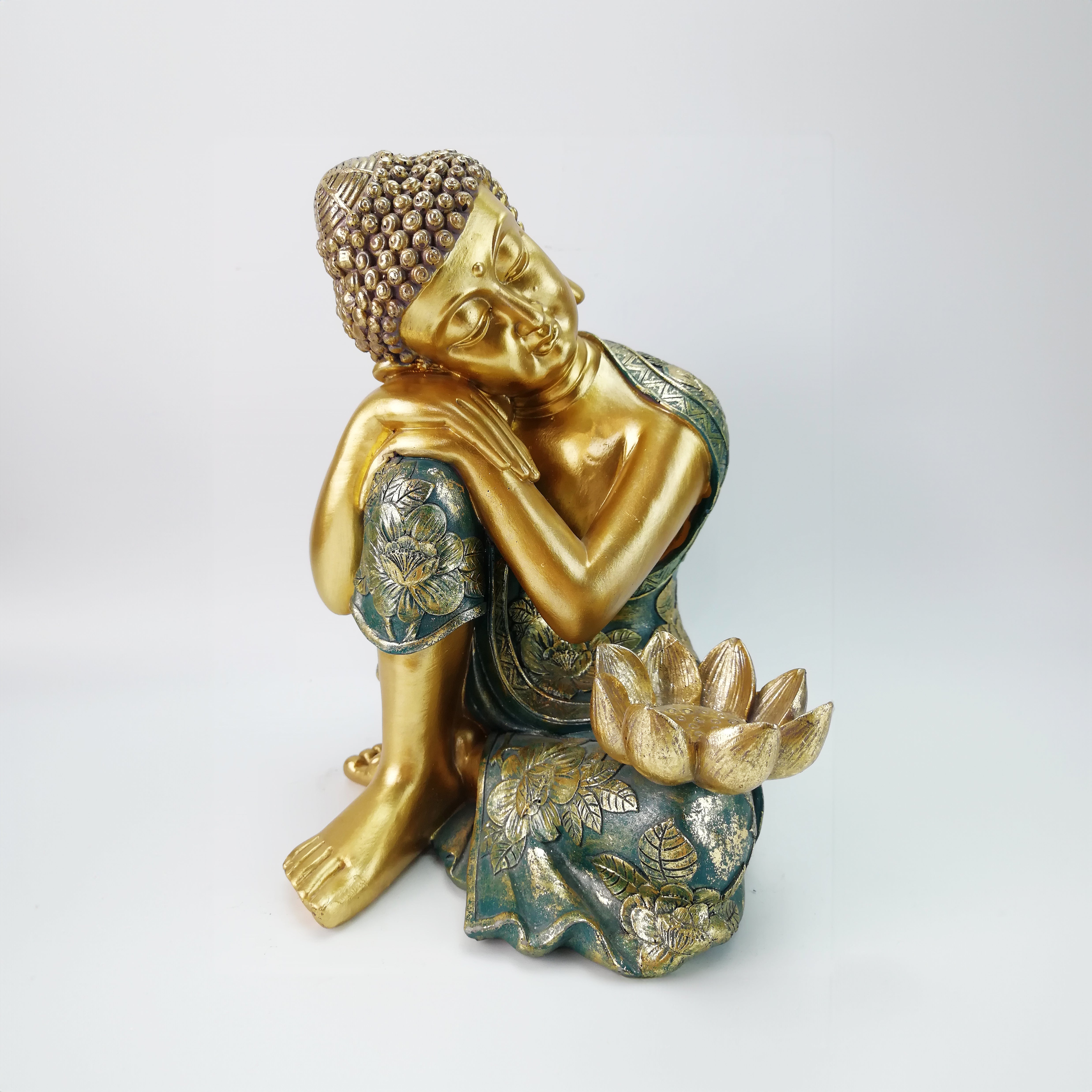 Buddha Figure - Painted Green and Gold - Tealight Holder