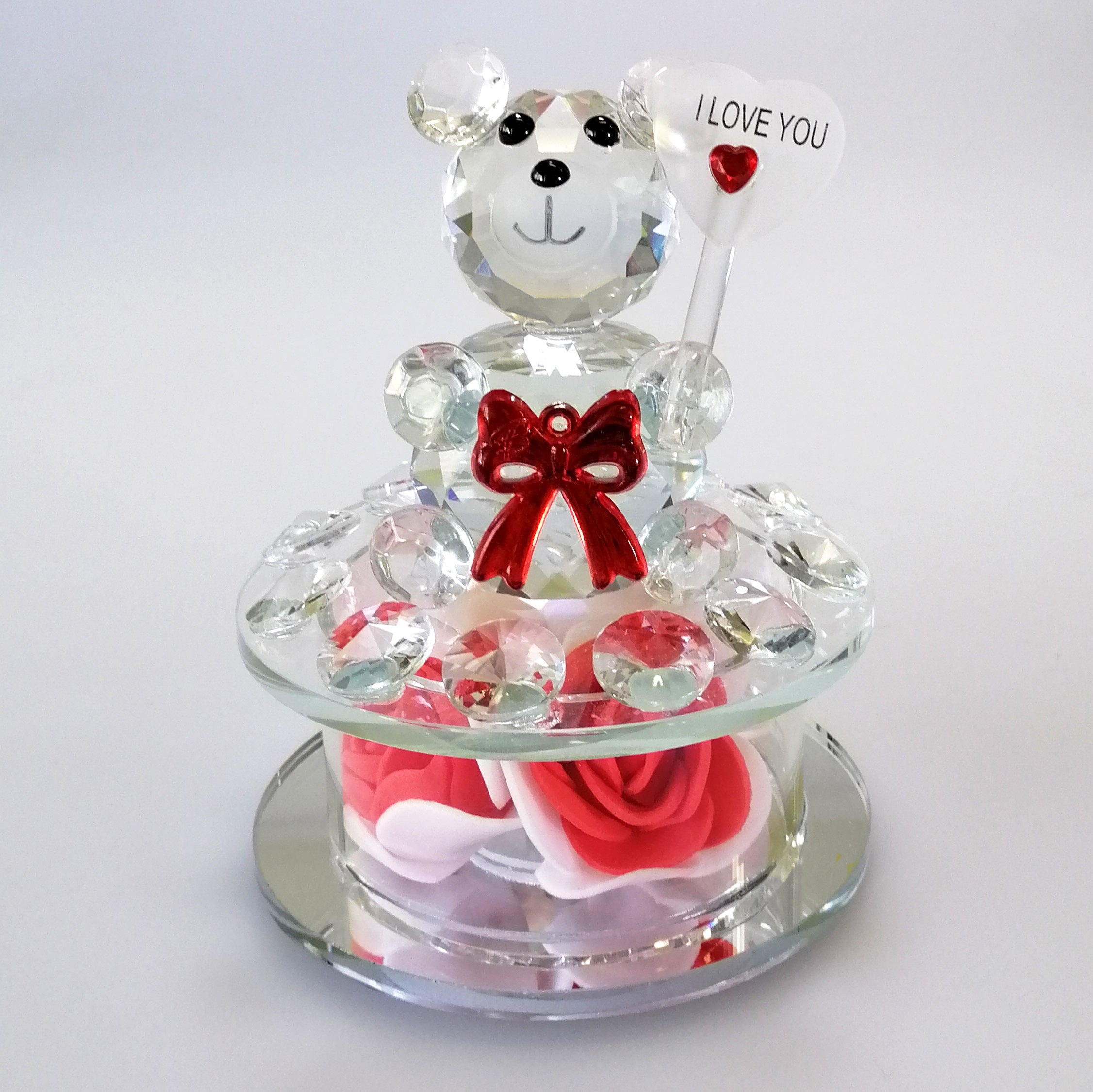 Cut Glass 'I Love You' Teddy with Flower & LED Base