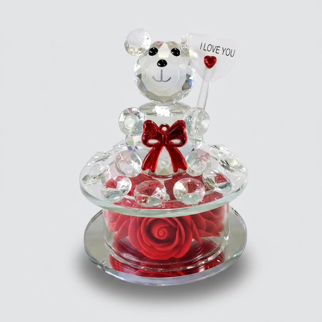 Cut Glass 'I Love You' Teddy with Flower & LED Base