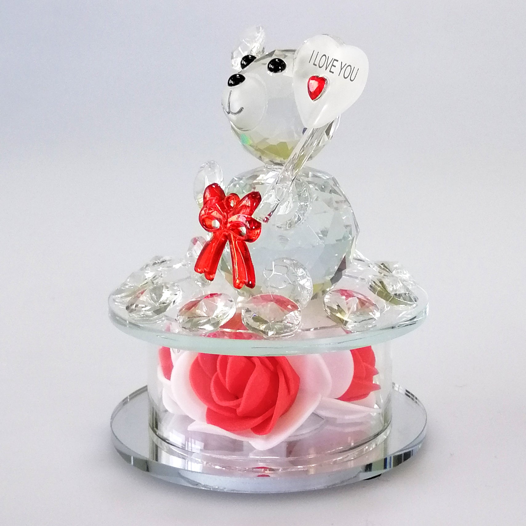 Cut Glass 'I Love You' Teddy with Flower & LED Base