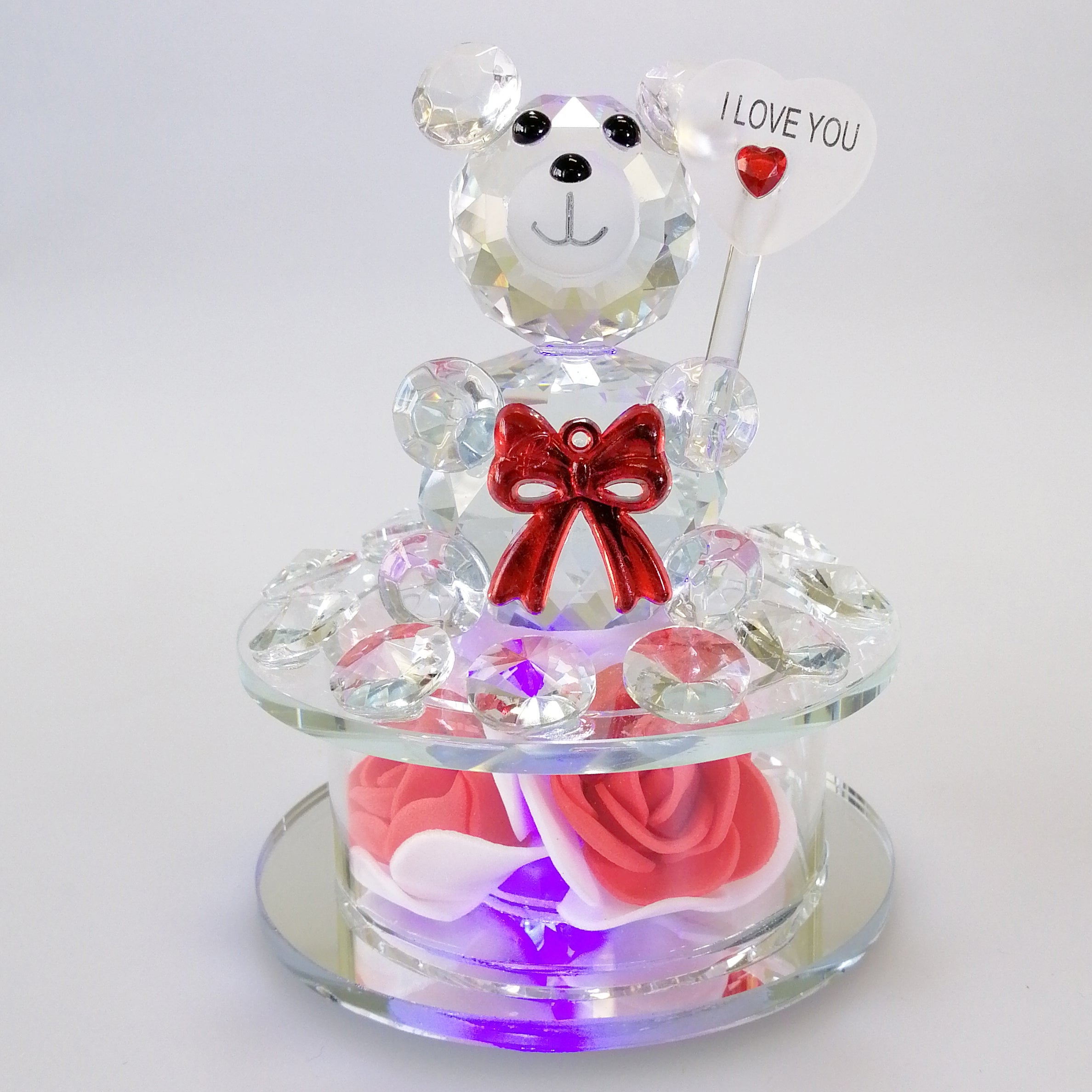 Cut Glass 'I Love You' Teddy with Flower & LED Base