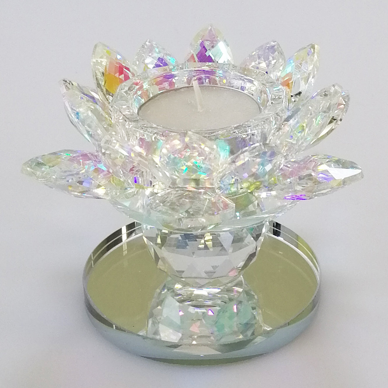 Iridescent Cut Glass Flower Candlestand With Mirror Base