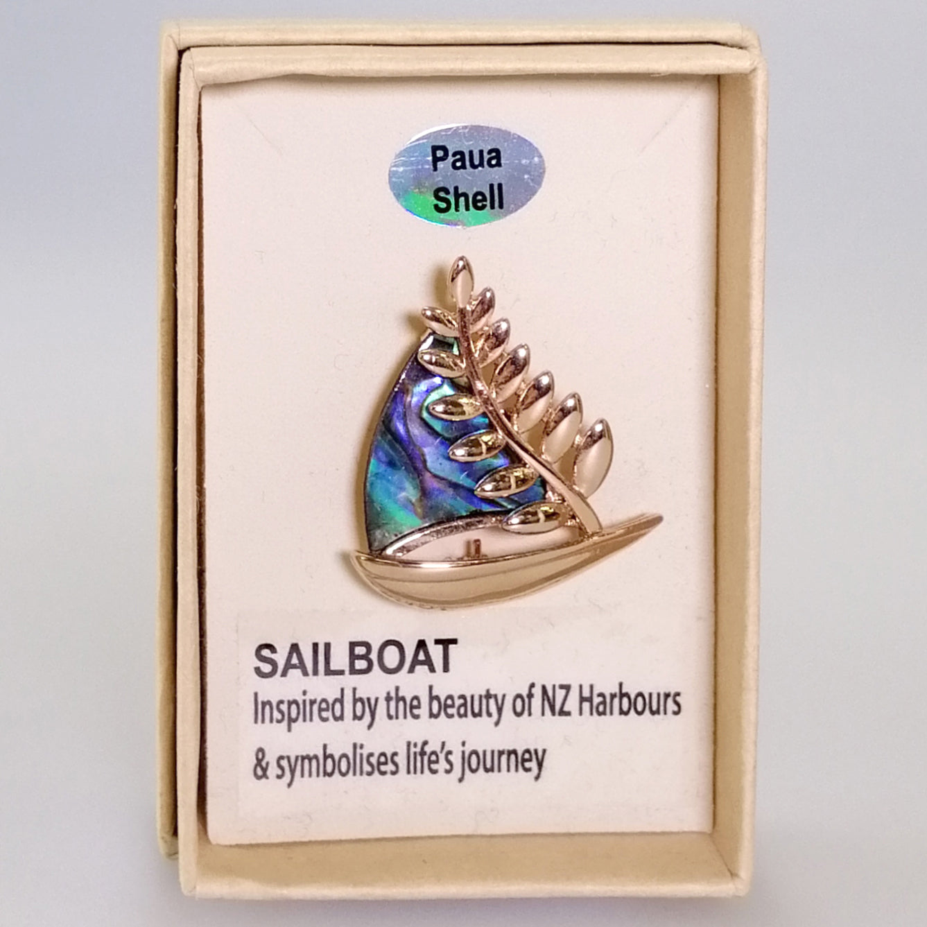 Kiwicraft - Paua Sailboat & Rose Gold Fern Brooch