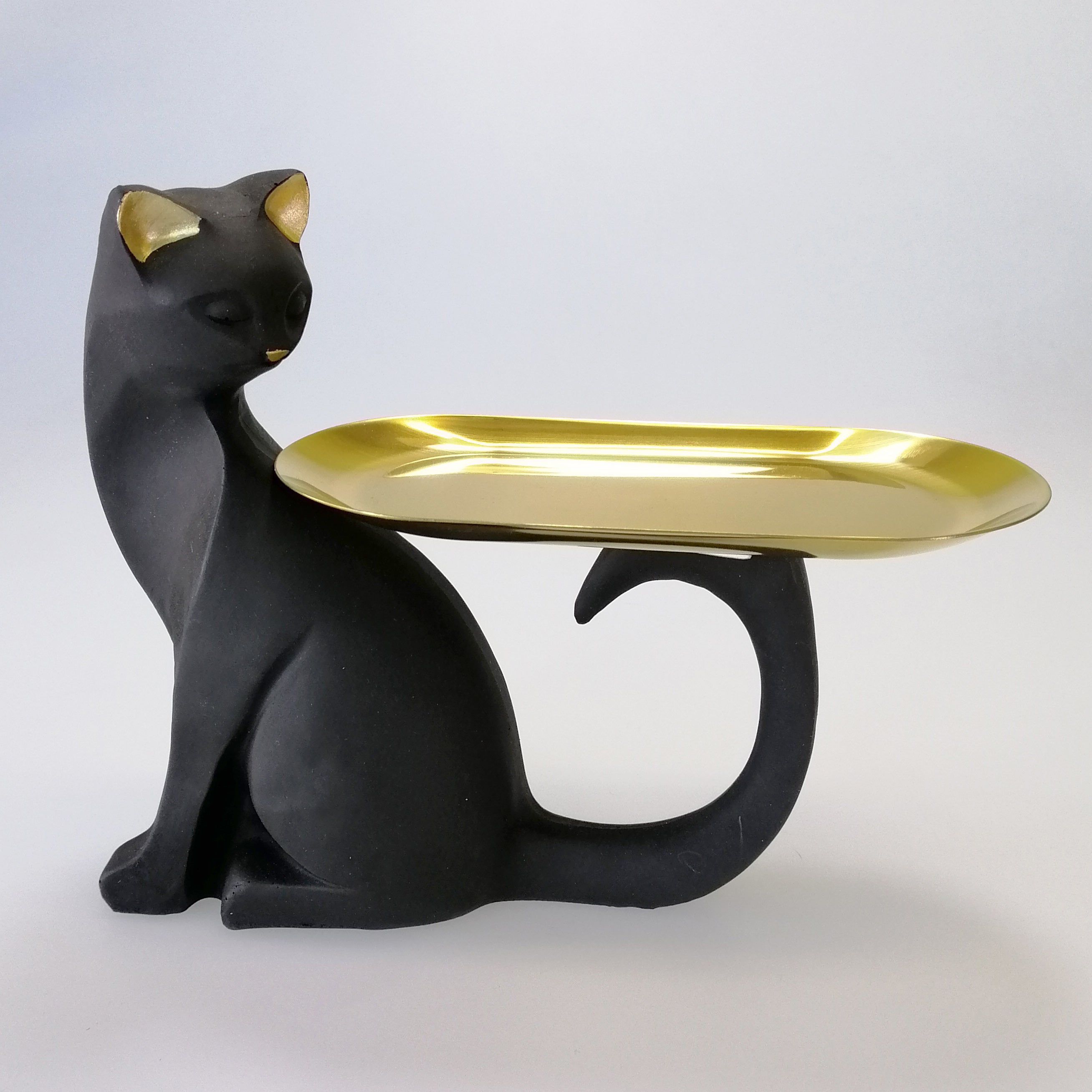 Sitting Black Cat & Gold Tray