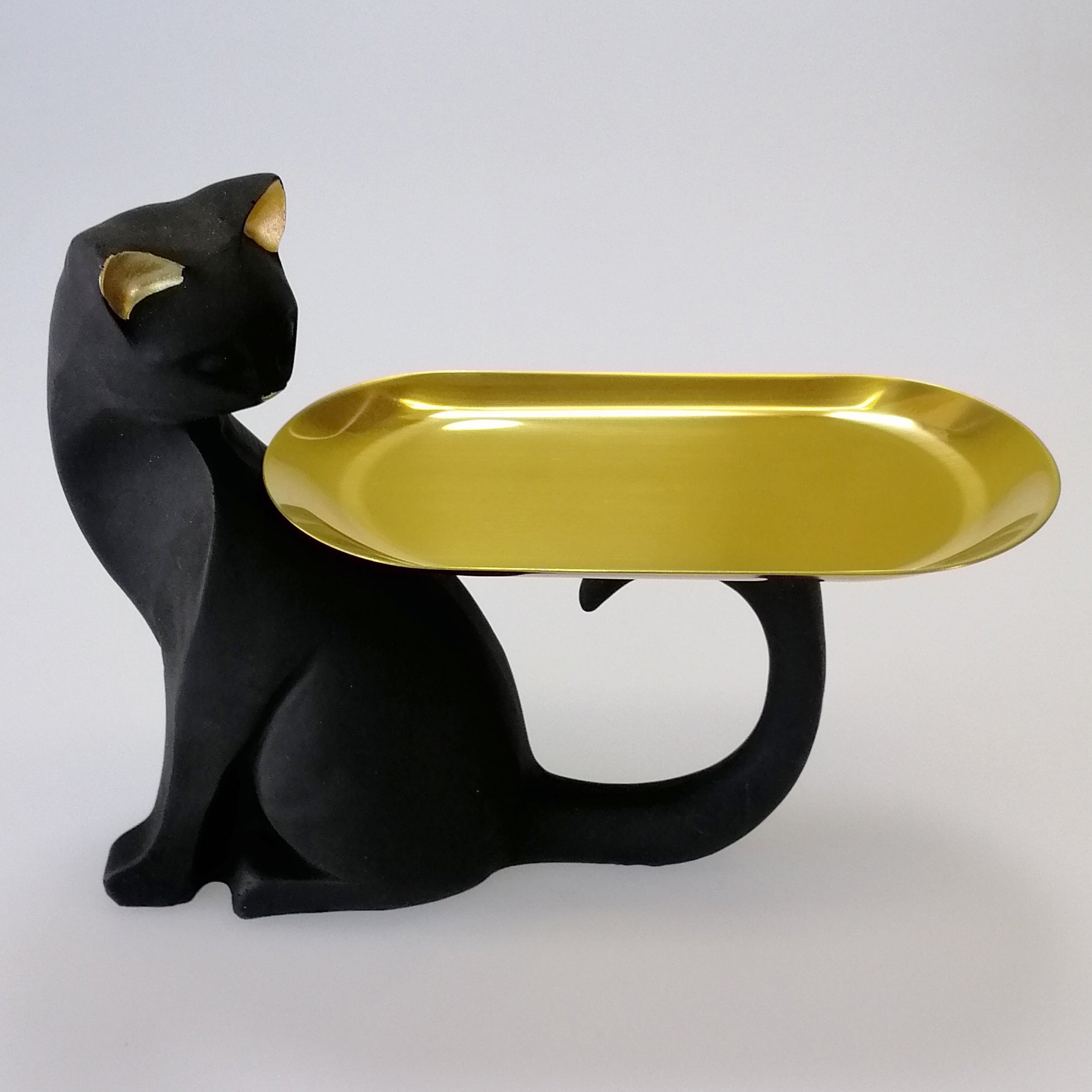 Sitting Black Cat & Gold Tray