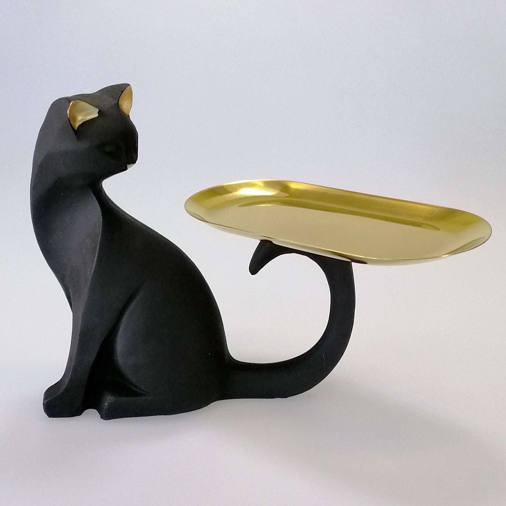 Sitting Black Cat & Gold Tray