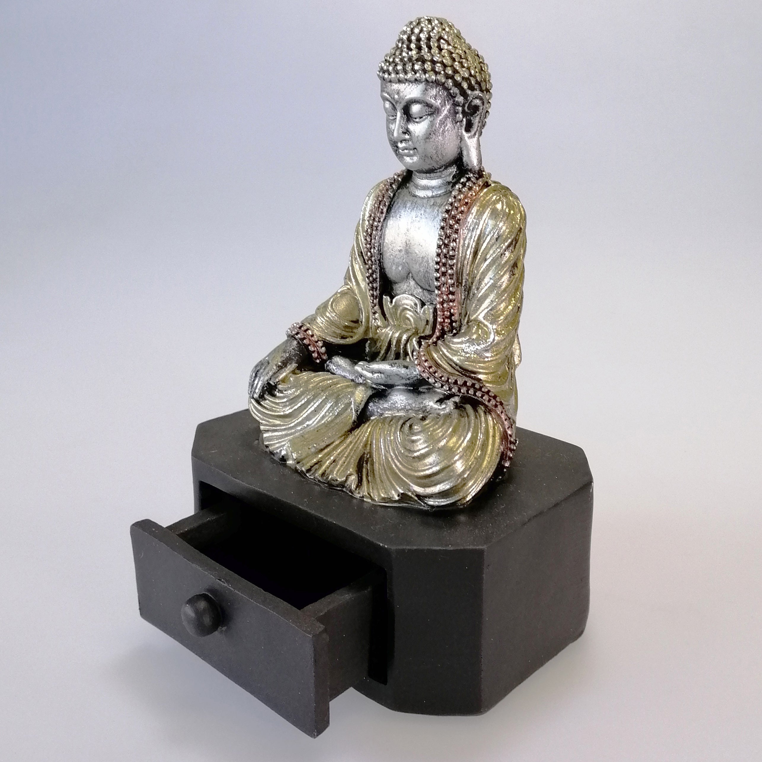 Buddha With Trinket Drawer - Painted Gold and Silver