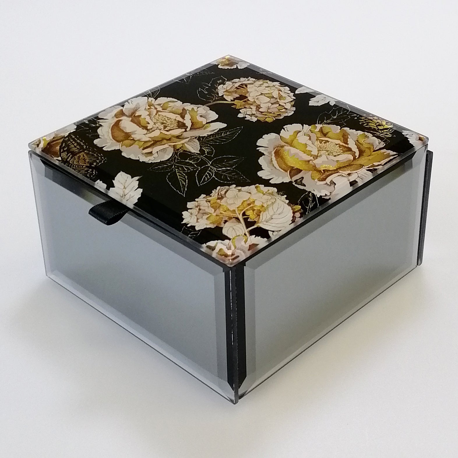 Glass Jewellery Box - Metallic Golden Flowers