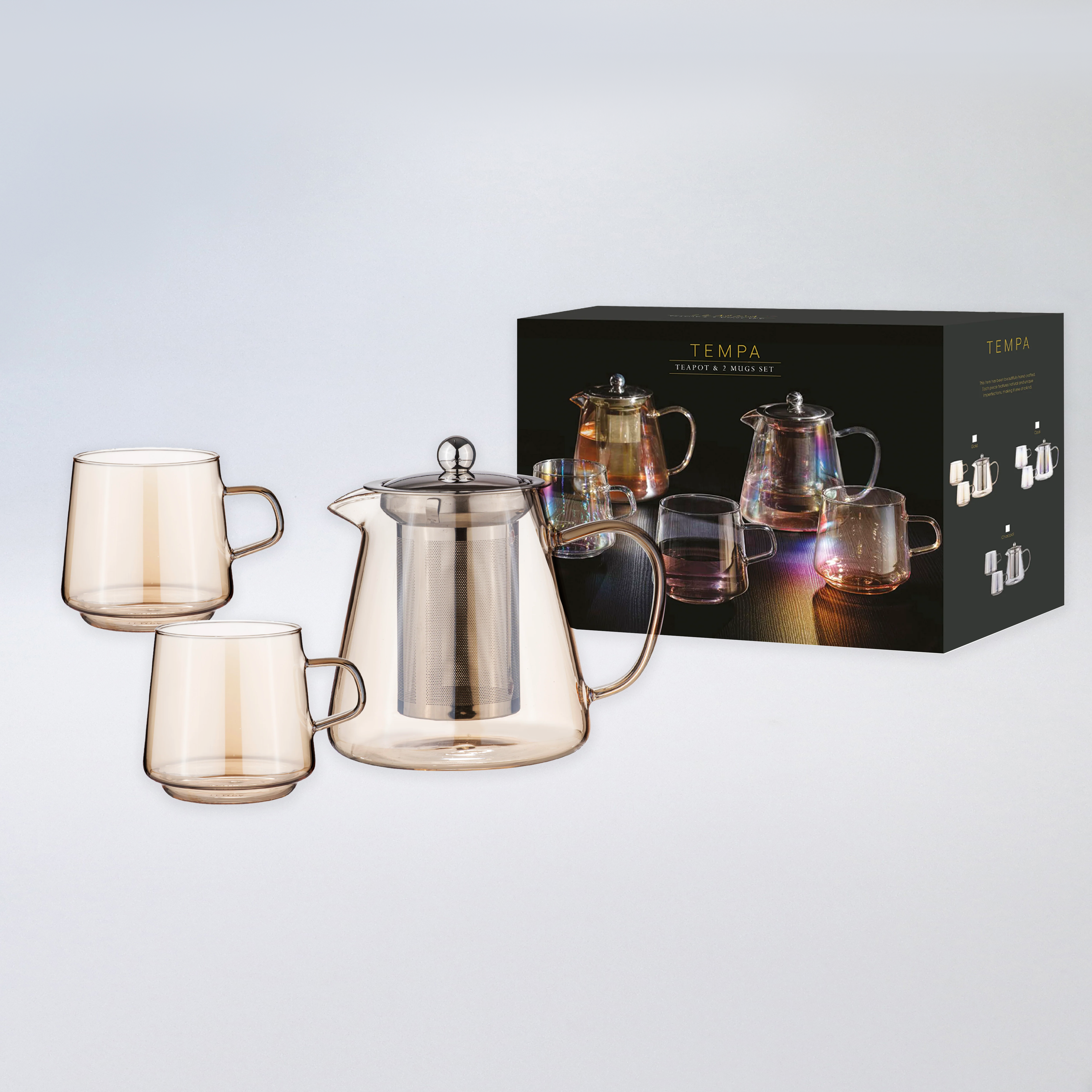 Oaklyn Glass Teapot and Mugs Set - Gold
