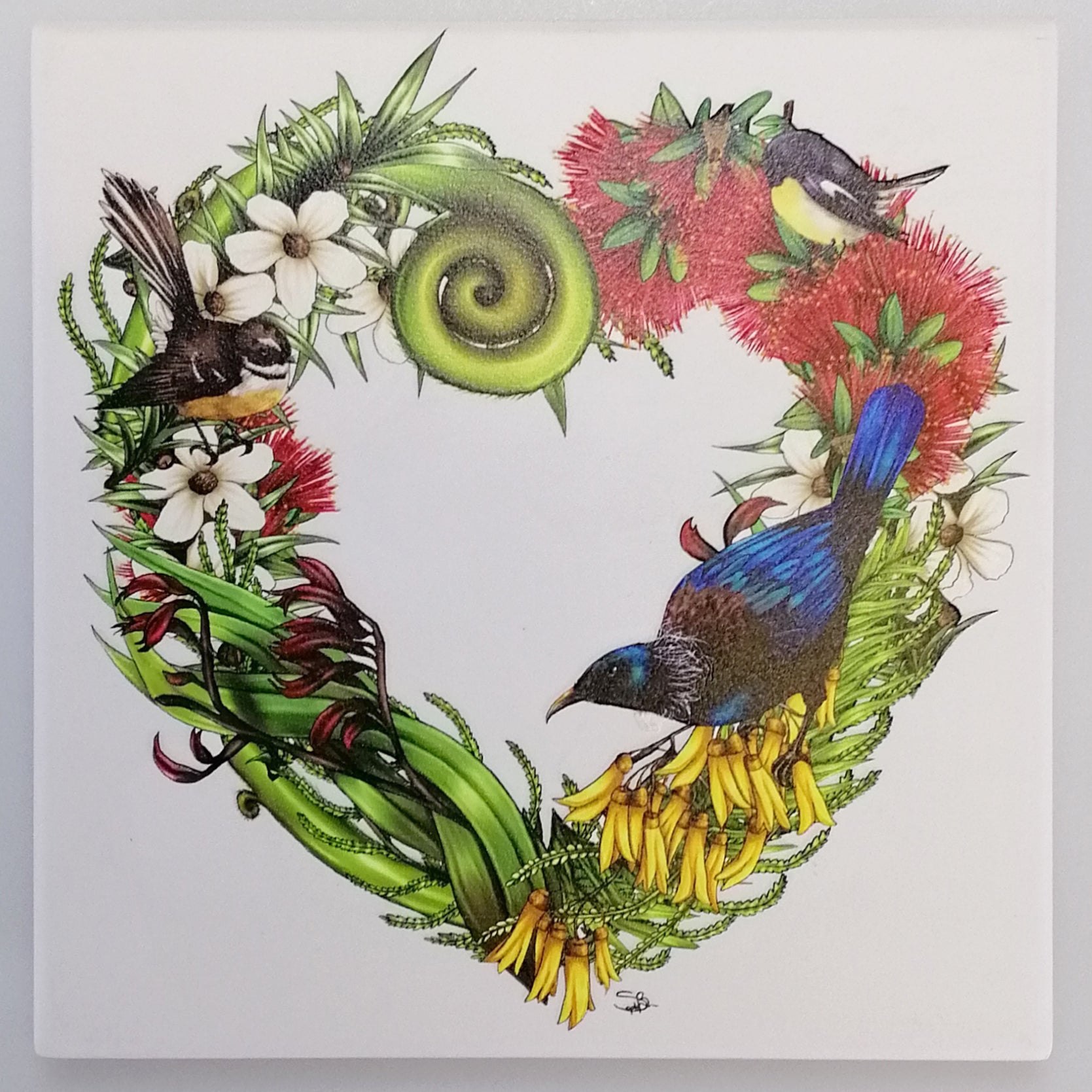 Sophie Blokker - NZ Birds and Flora on White Ceramic Tile Hanging