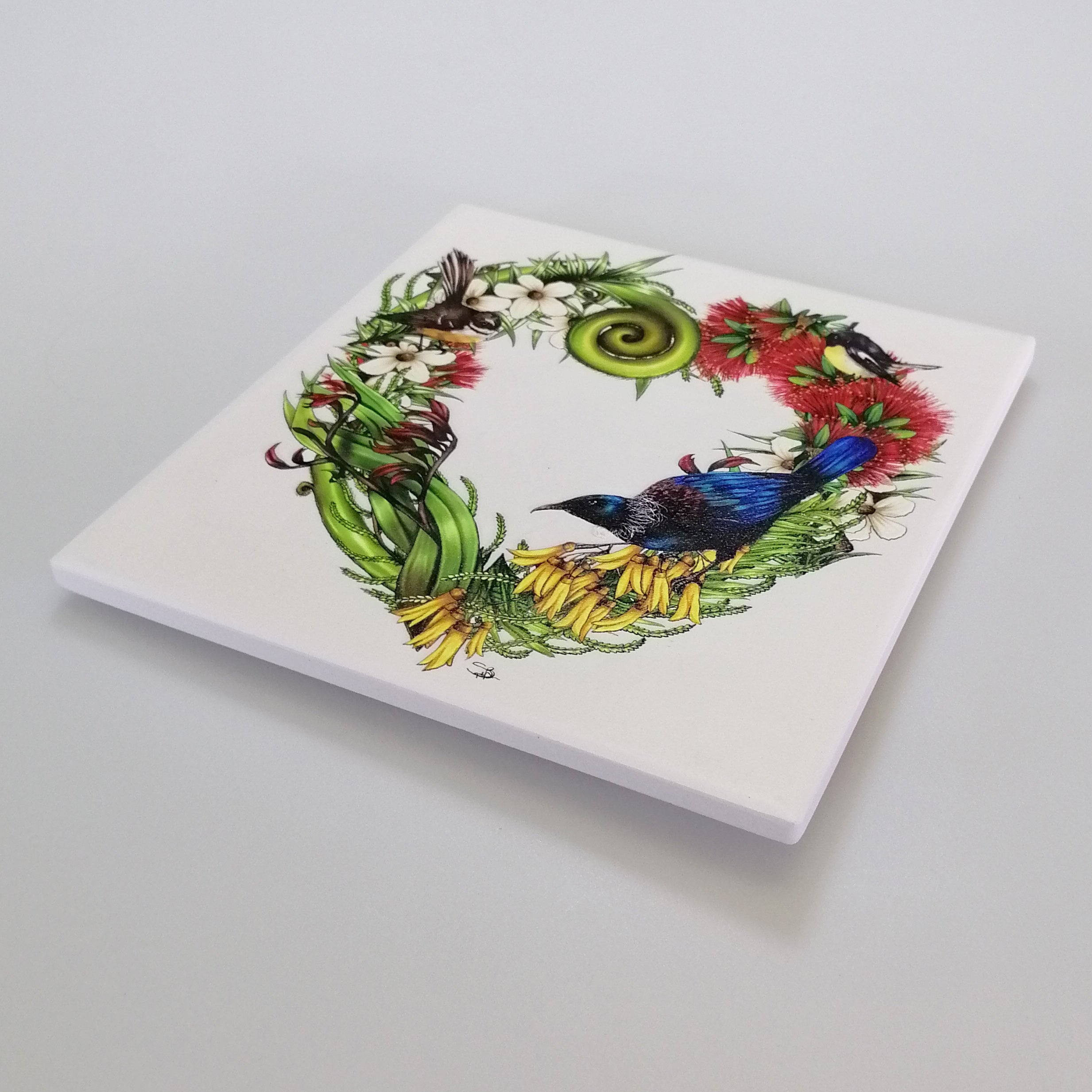 Sophie Blokker - NZ Birds and Flora on White Ceramic Tile Hanging