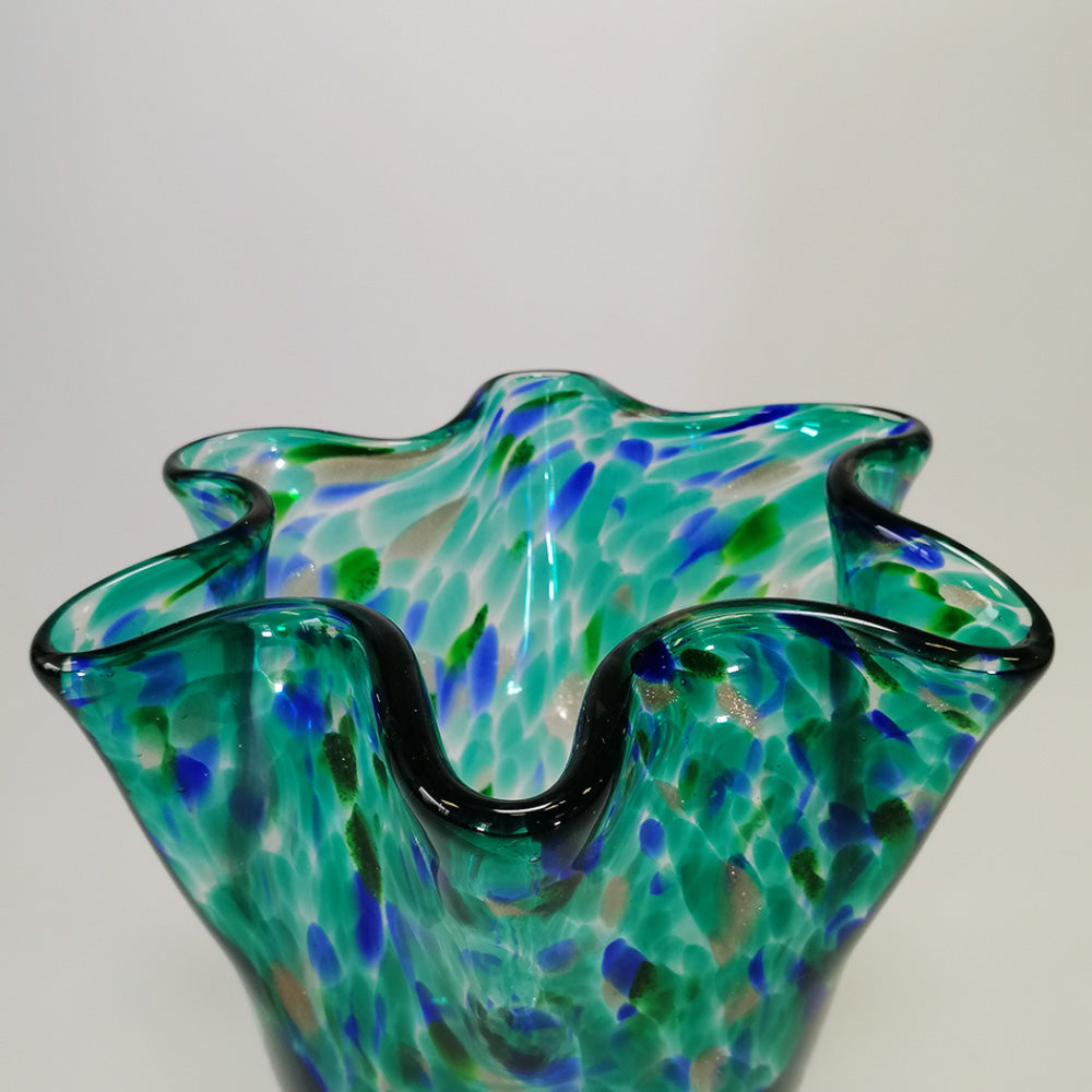 Blue & Aqua Glass 'V' Shaped Vase - 17cm