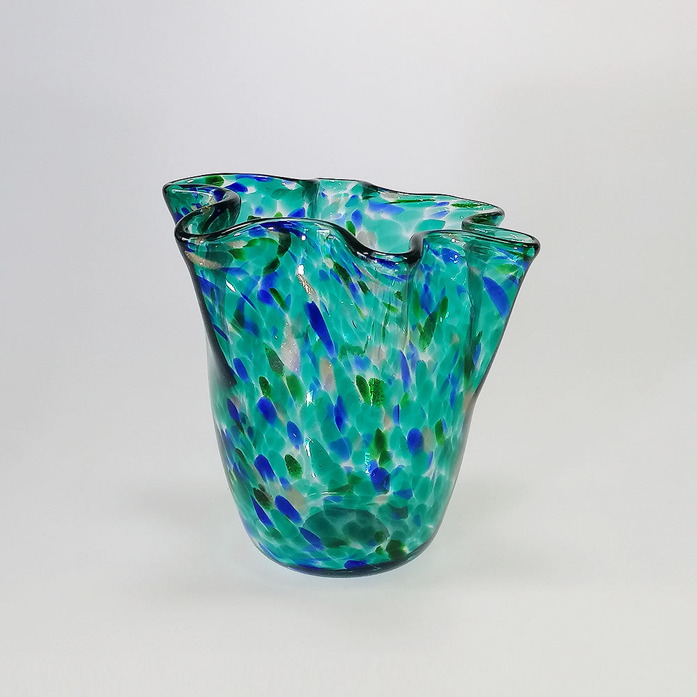 Blue & Aqua Glass 'V' Shaped Vase - 17cm