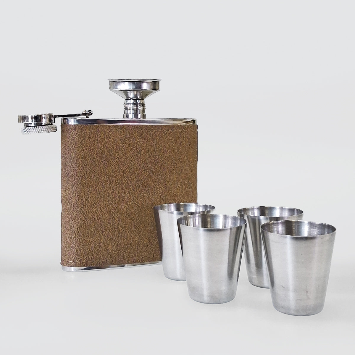 Stainless Hip-Flask Set With 4 Shot Glasses - Tan