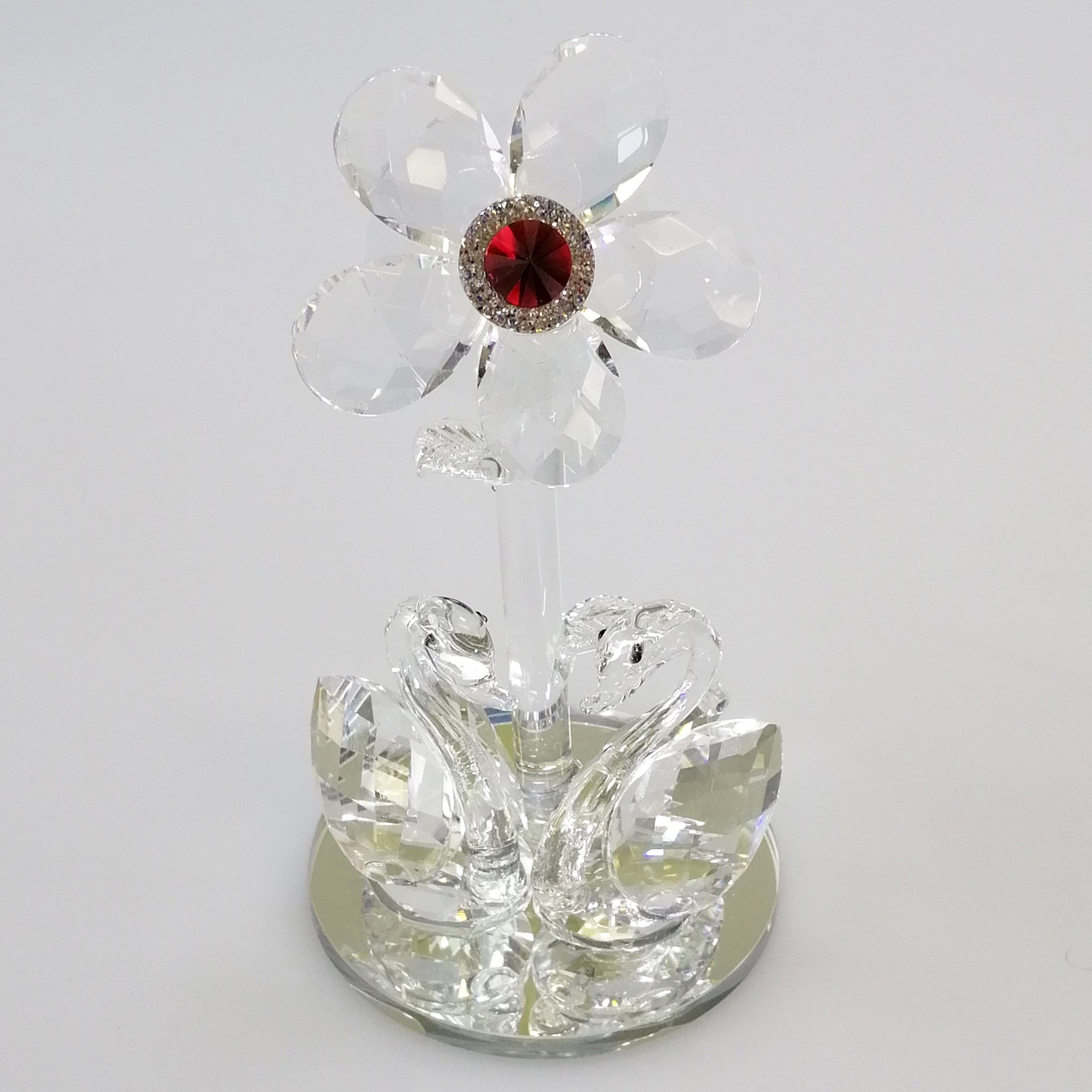 Cut Glass Flower with Swans on Mirror Base