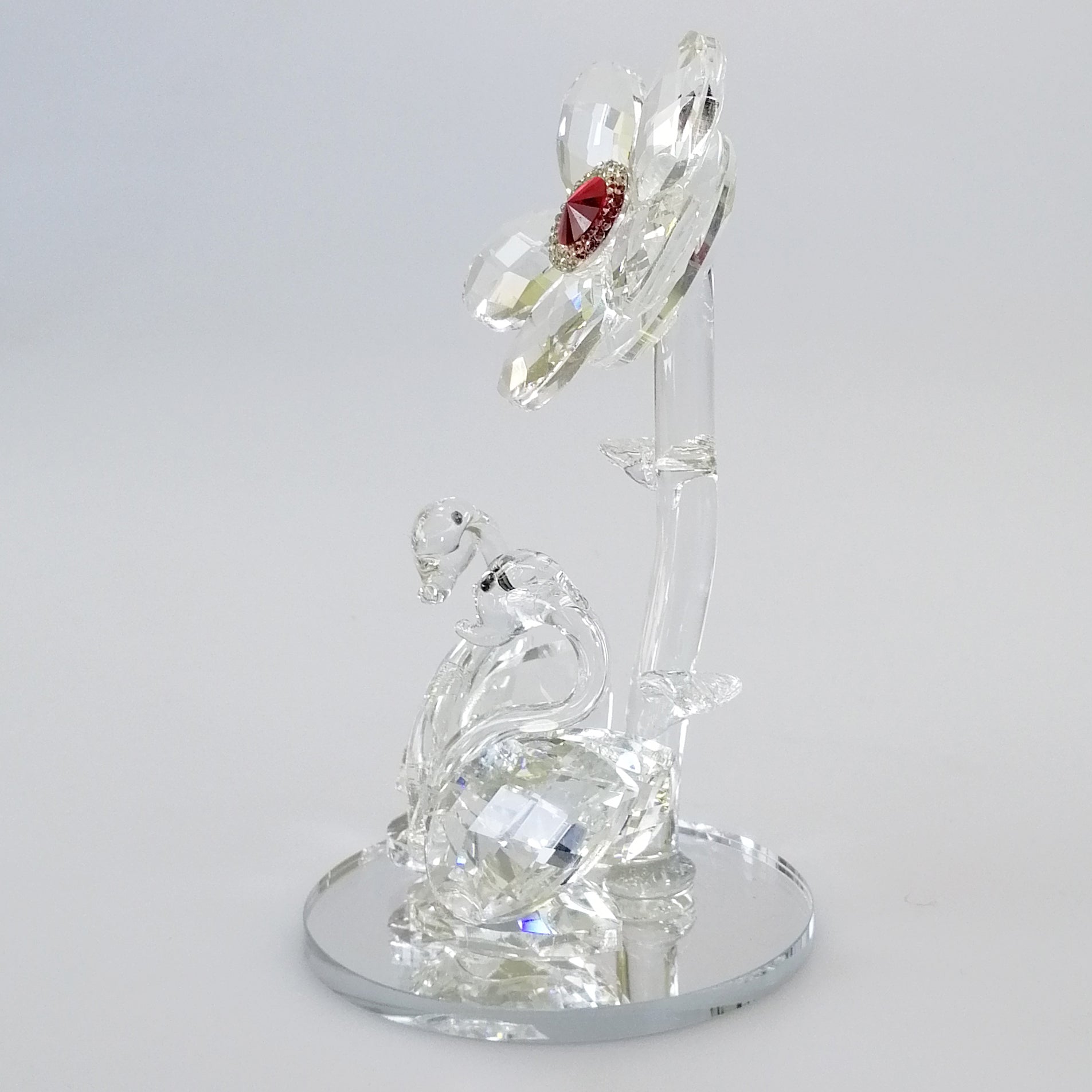 Cut Glass Flower with Swans on Mirror Base