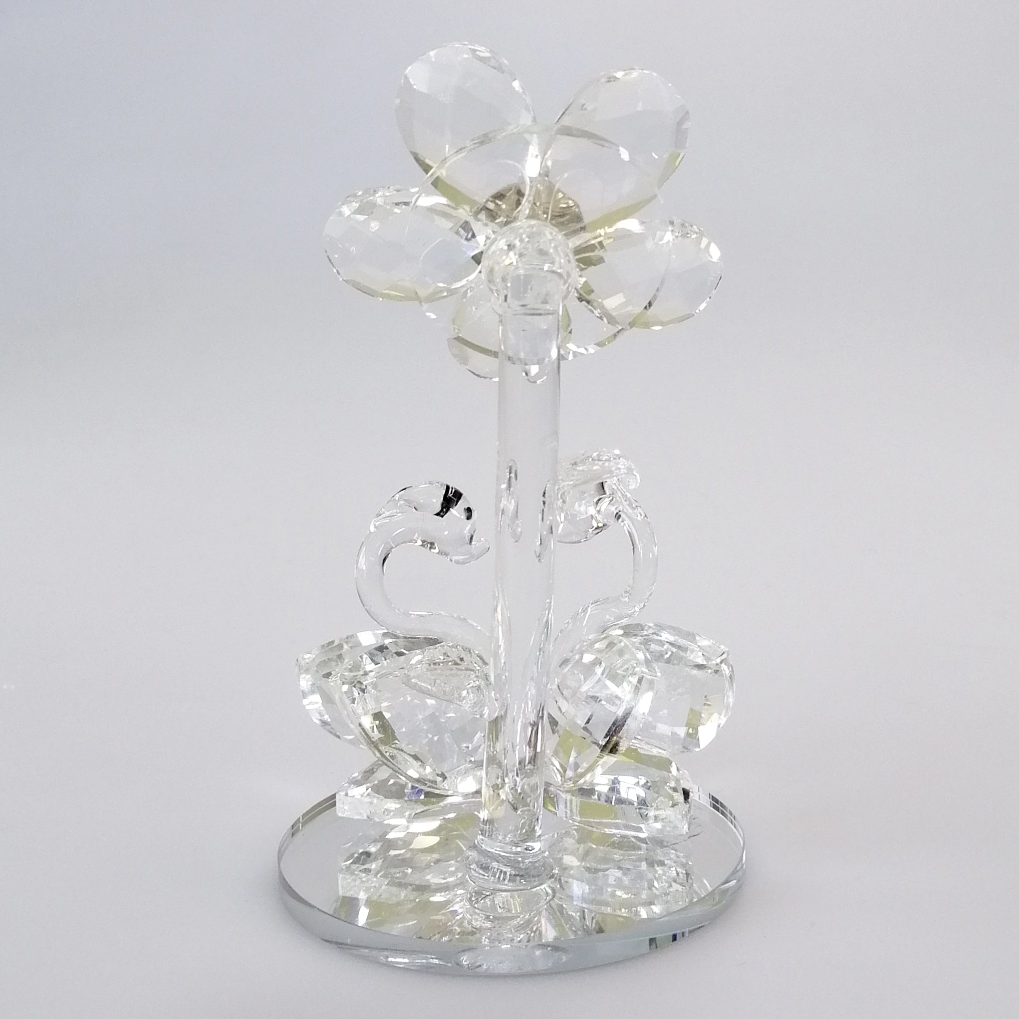 Cut Glass Flower with Swans on Mirror Base