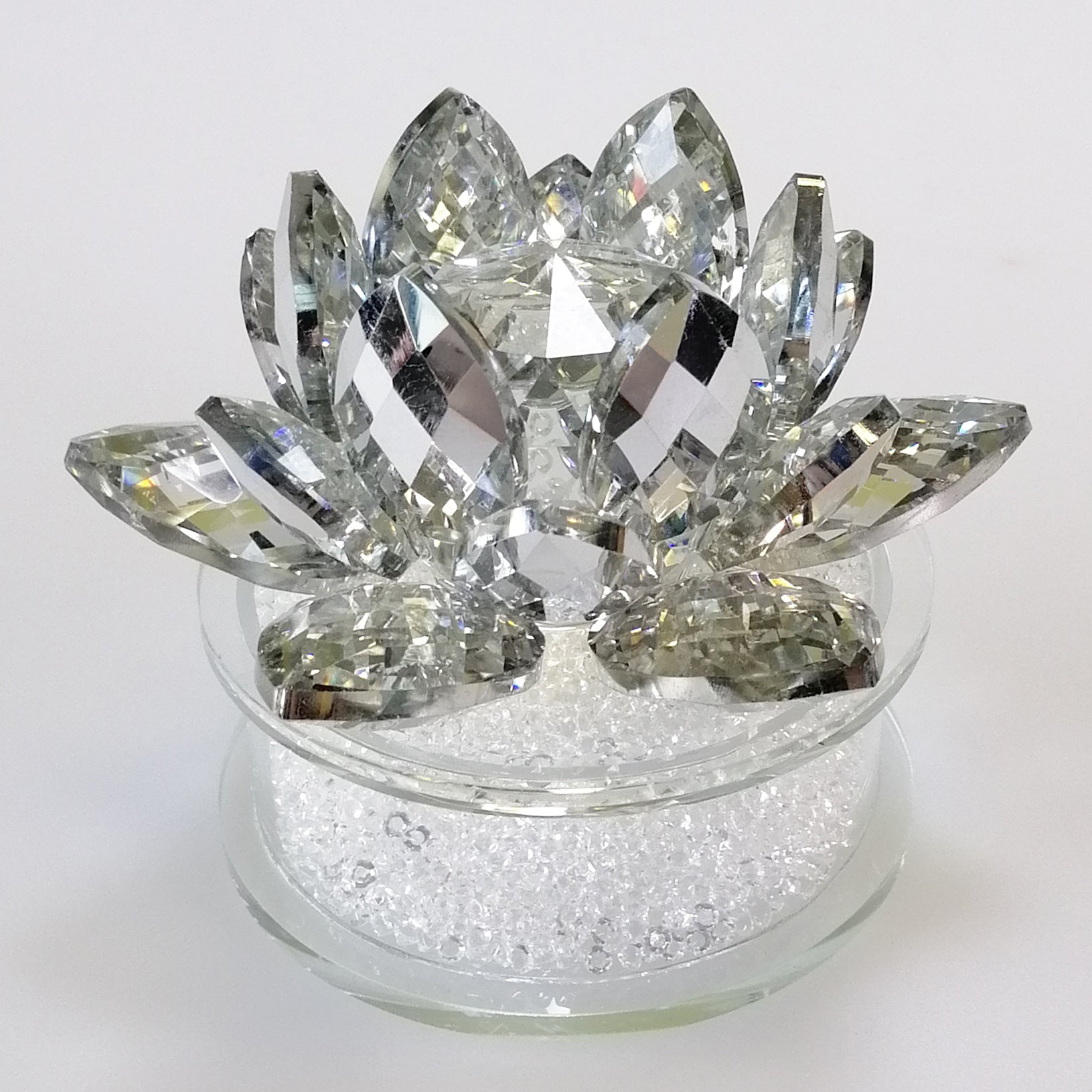 Cut Glass Silver Tinge Flower with Clear Orb & White Confetti Base
