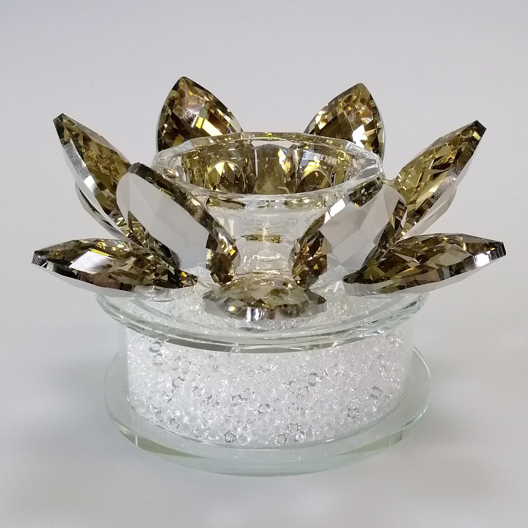 Gold Tinge Glass Flower Tealight Holder with White Confetti Base