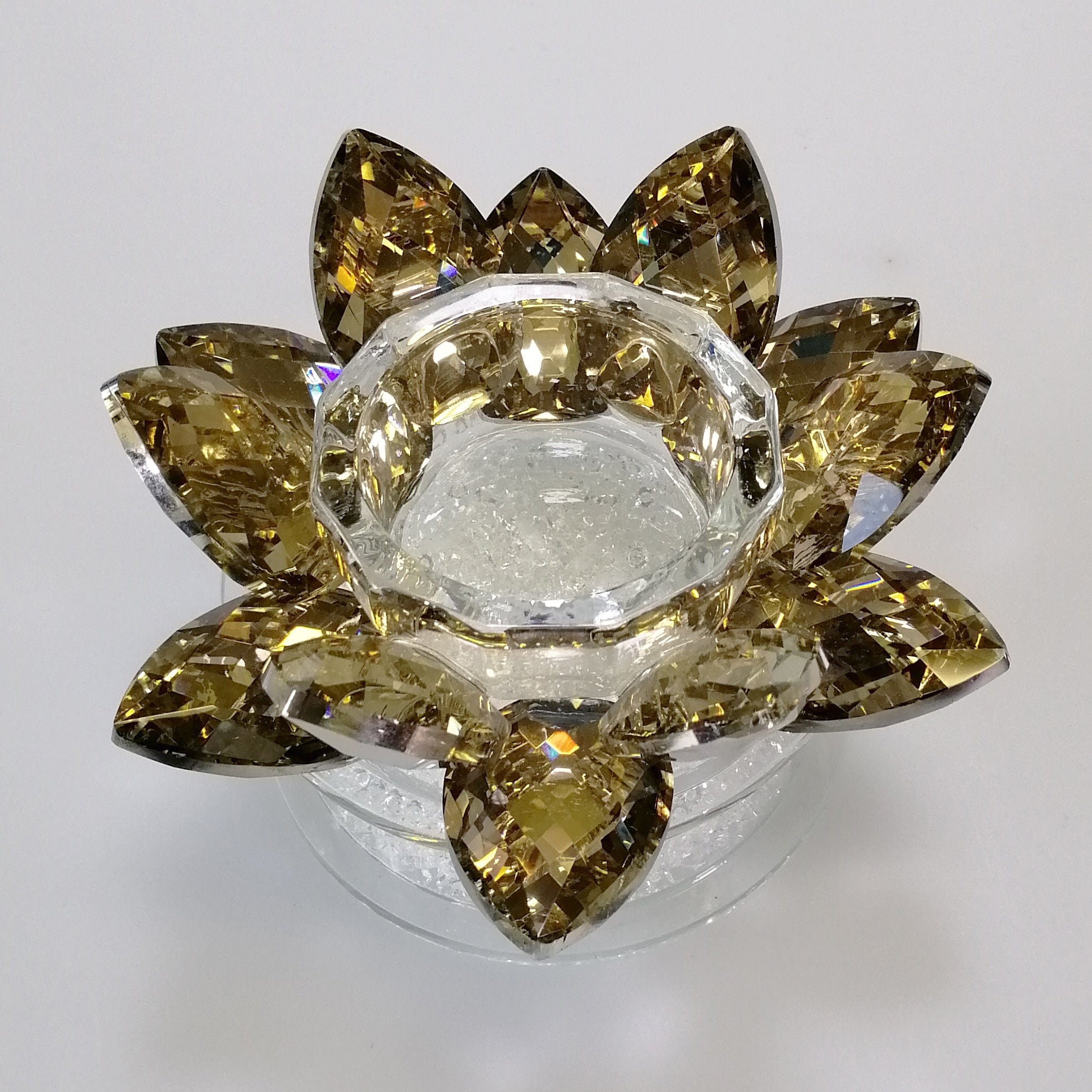 Gold Tinge Glass Flower Tealight Holder with White Confetti Base
