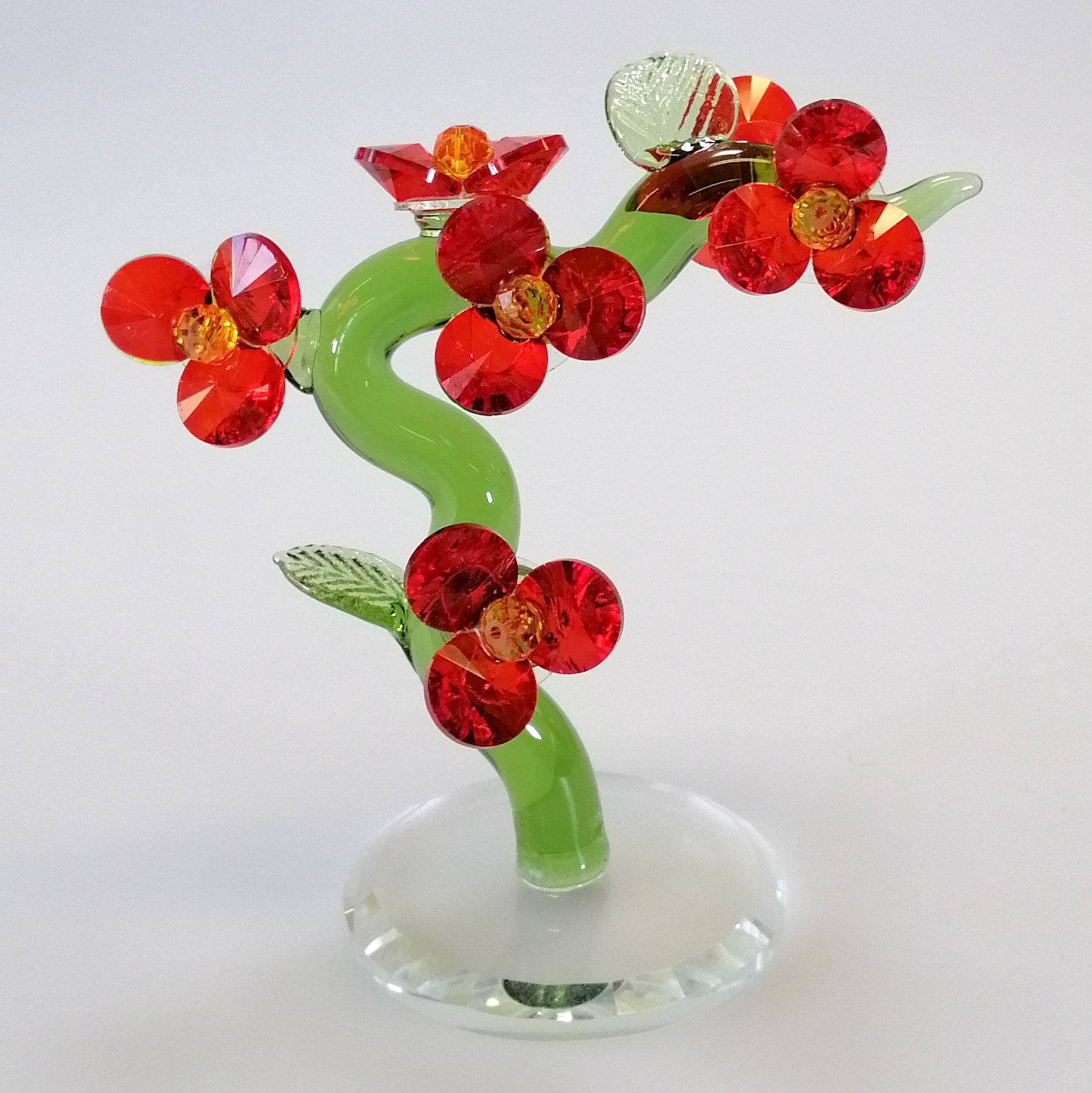 Green Glass Tree with Red Flowers