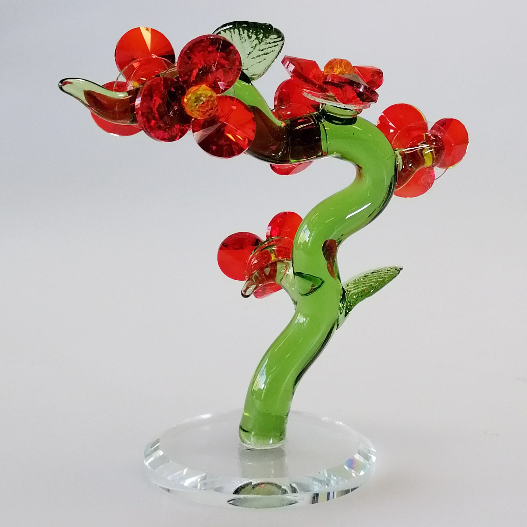 Green Glass Tree with Red Flowers