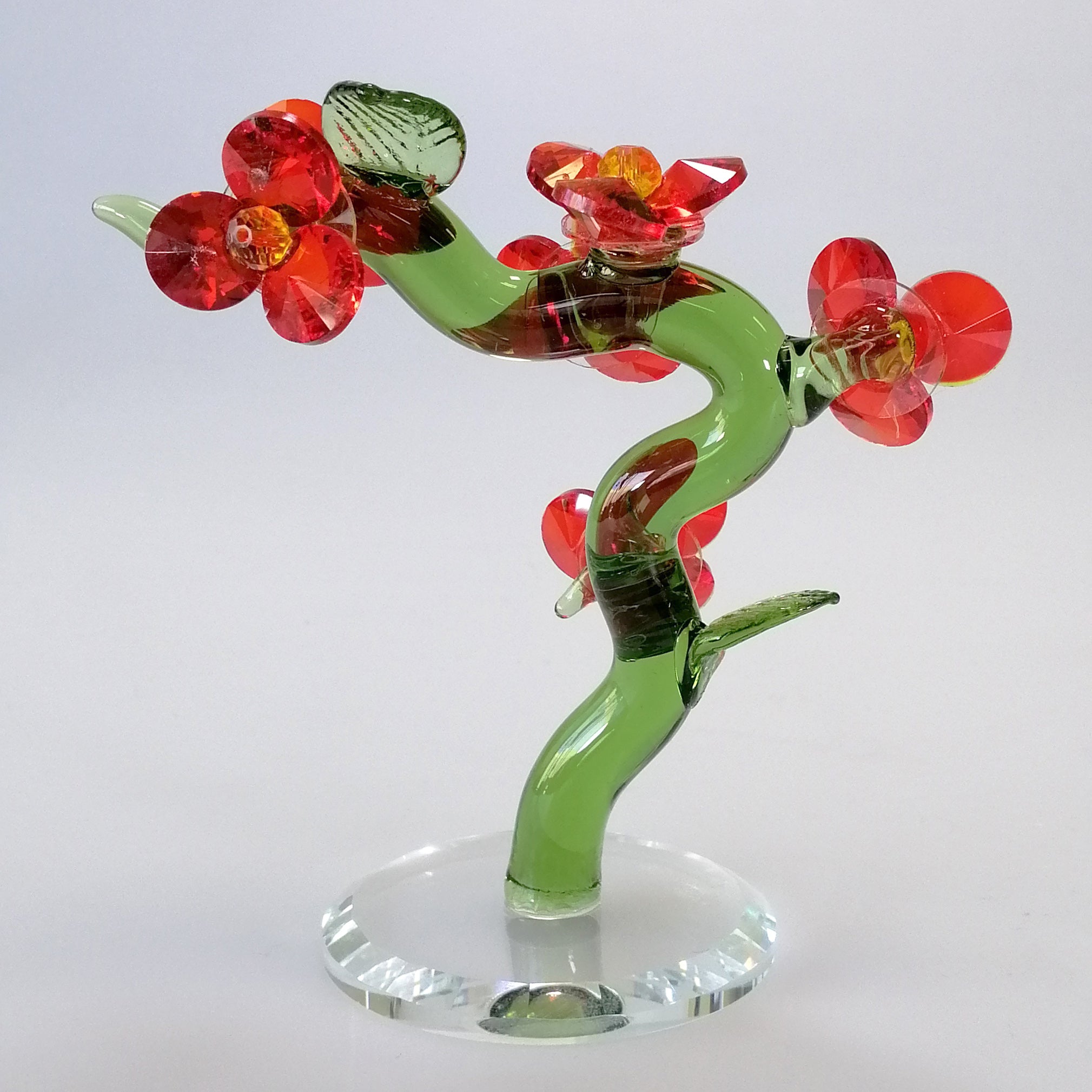 Green Glass Tree with Red Flowers
