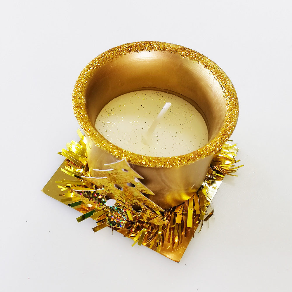 Gold Xmas Votive Candle W/ Xmas Tree