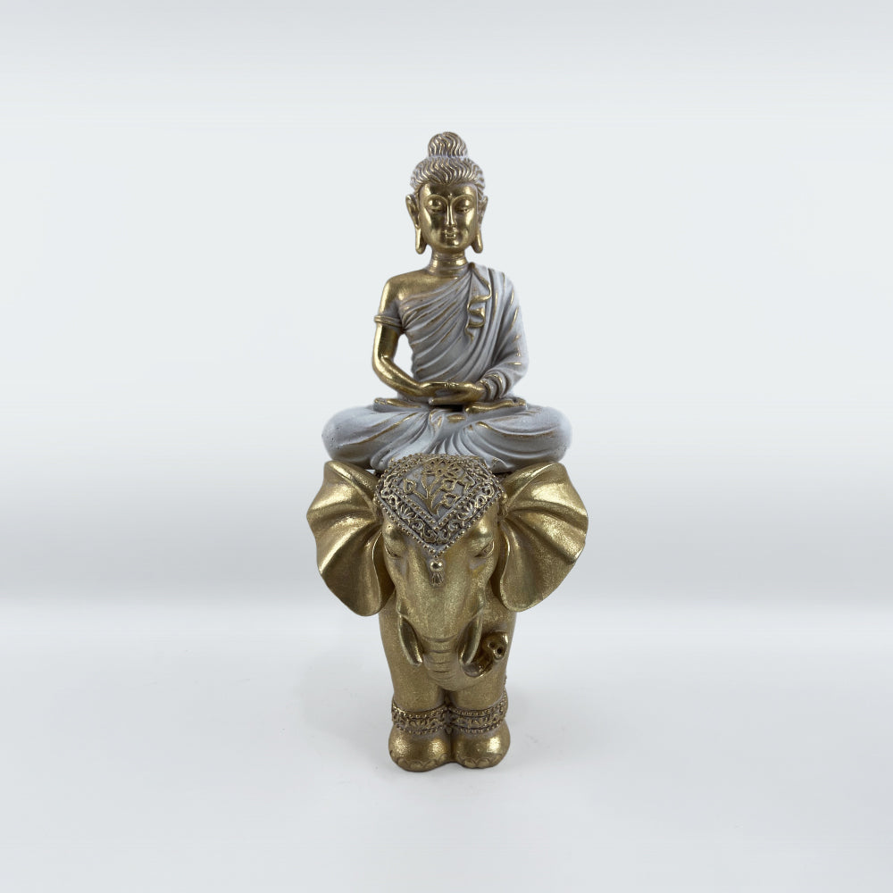 Buddha on Elephant  - Gold & White - 25cm