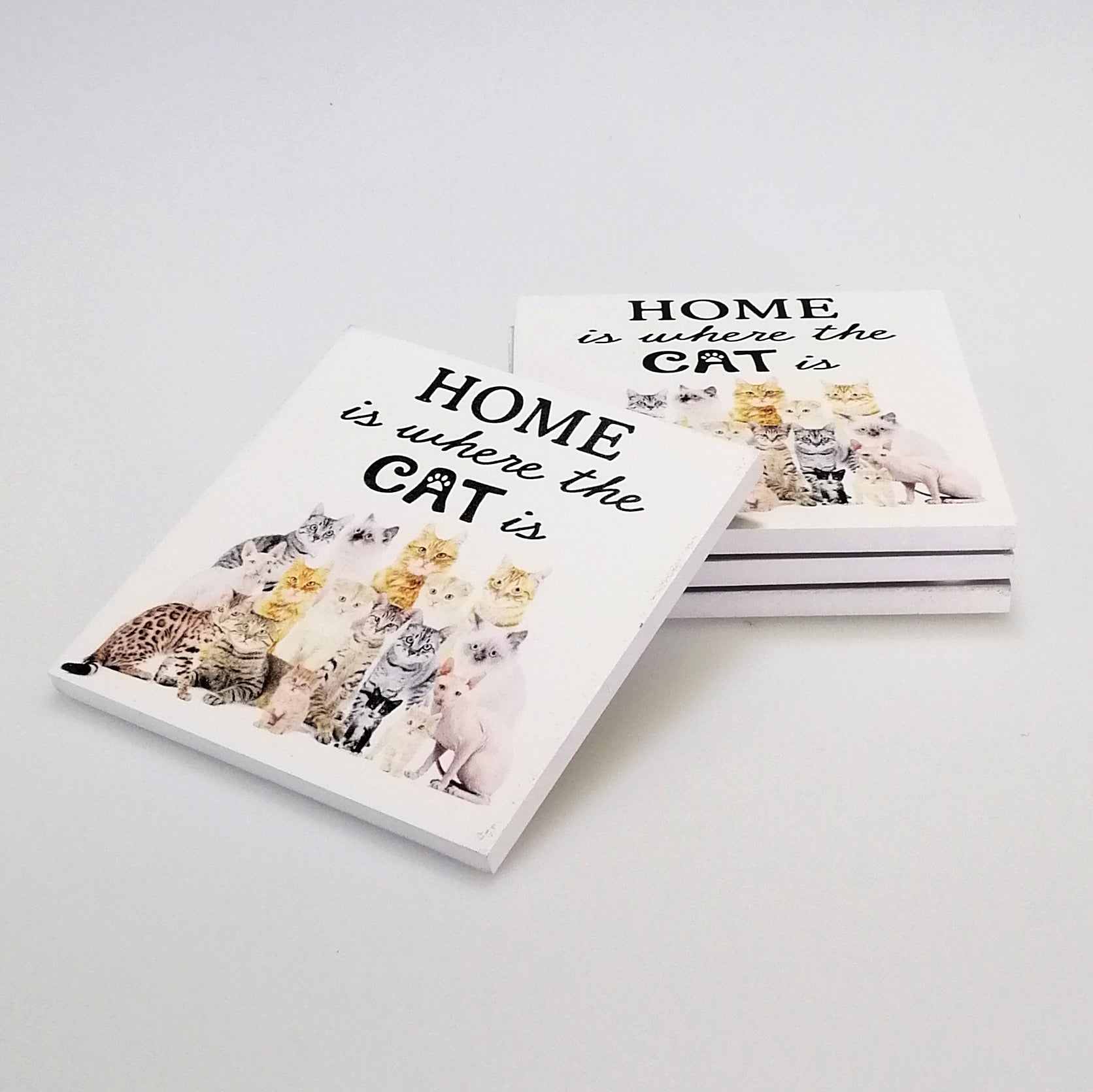 Wooden 'Home is Where the Cat Is' Coasters - Set of 4