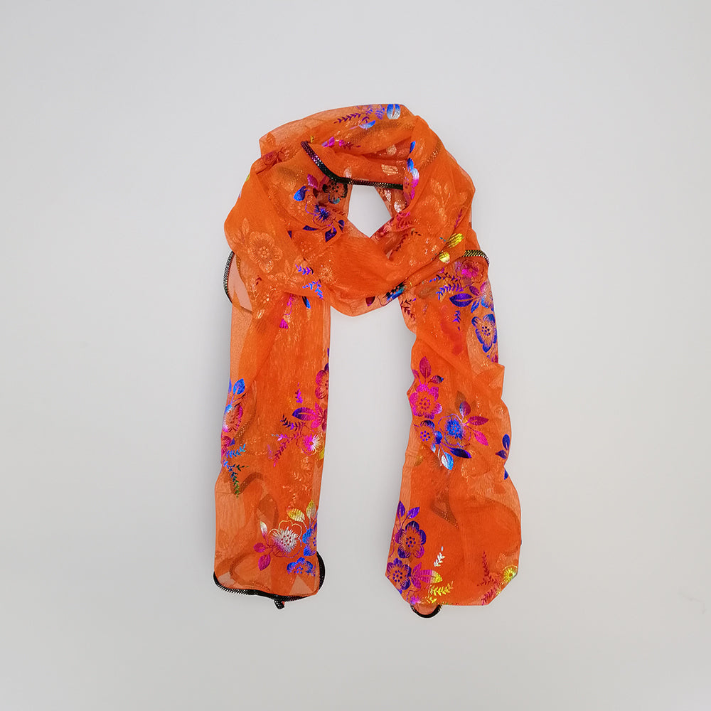 Floral Foil Net Scarf - Orange