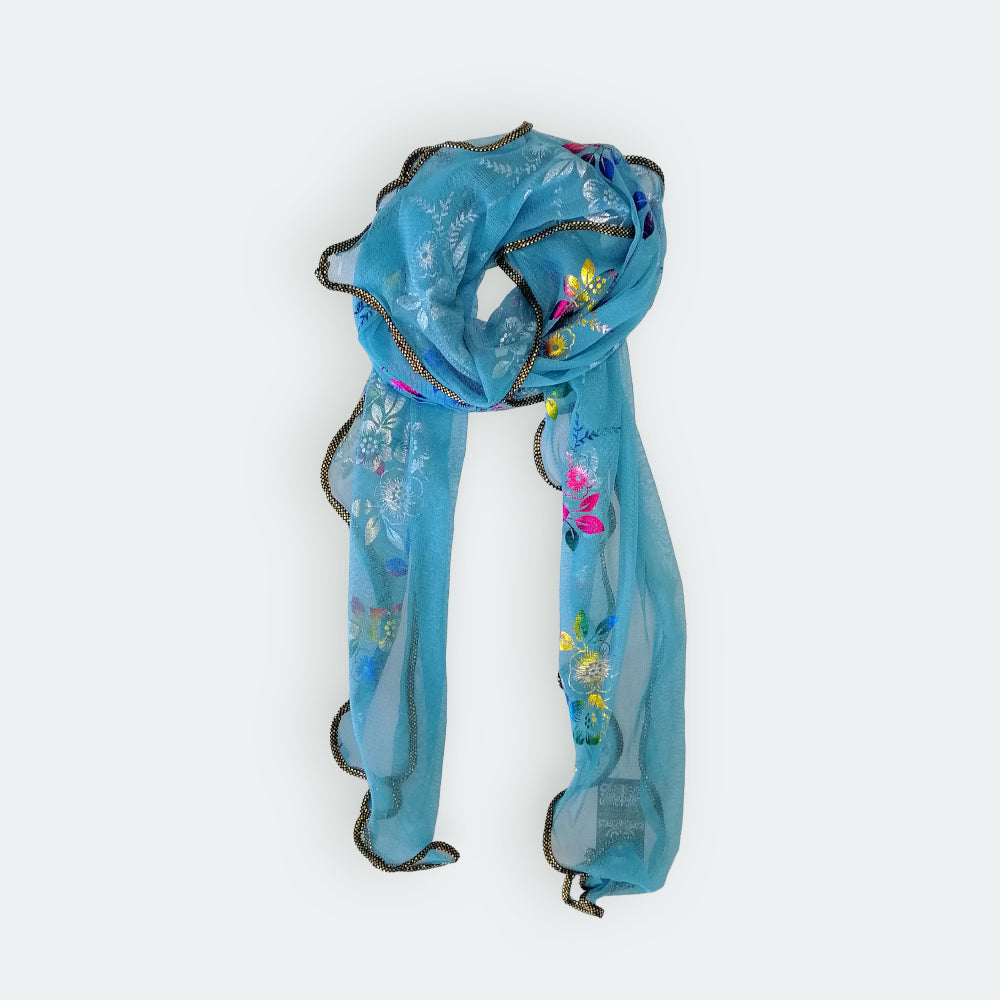 Triangle Floral Foil Net Scarf - Aqua Blue