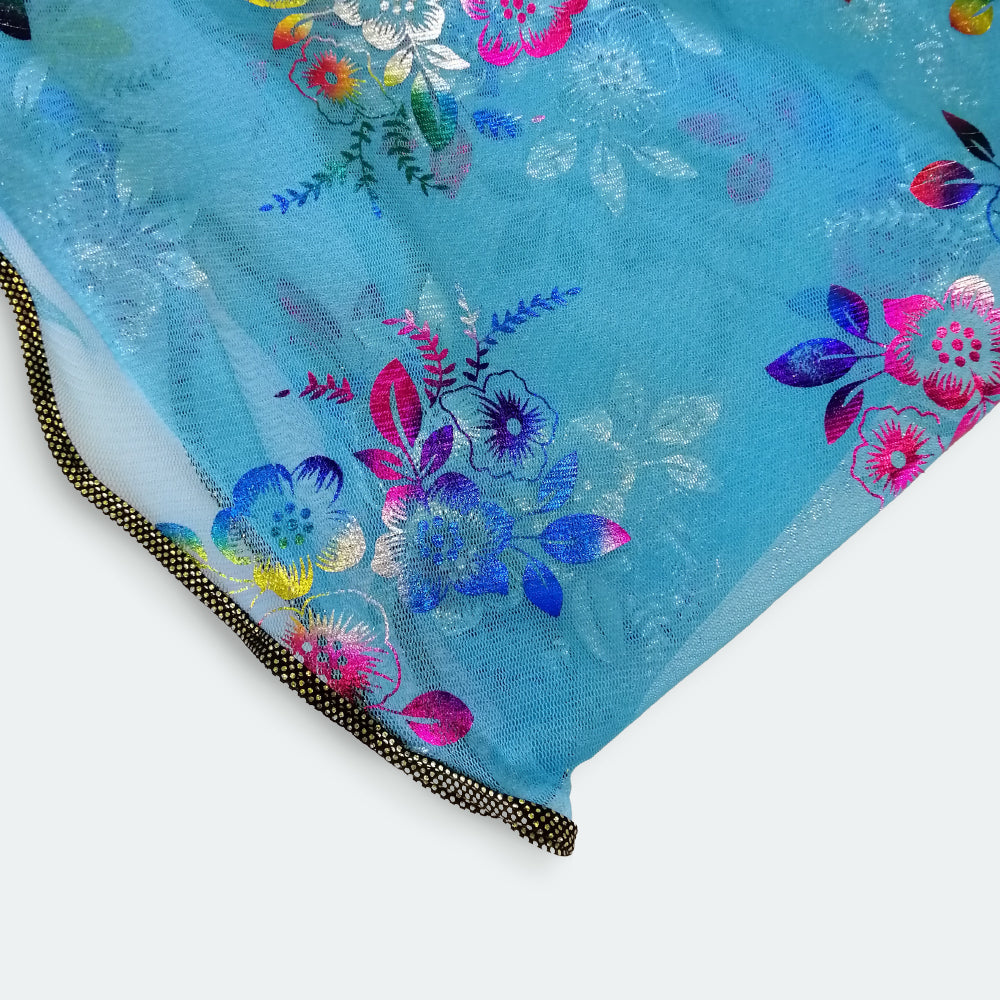 Triangle Floral Foil Net Scarf - Aqua Blue