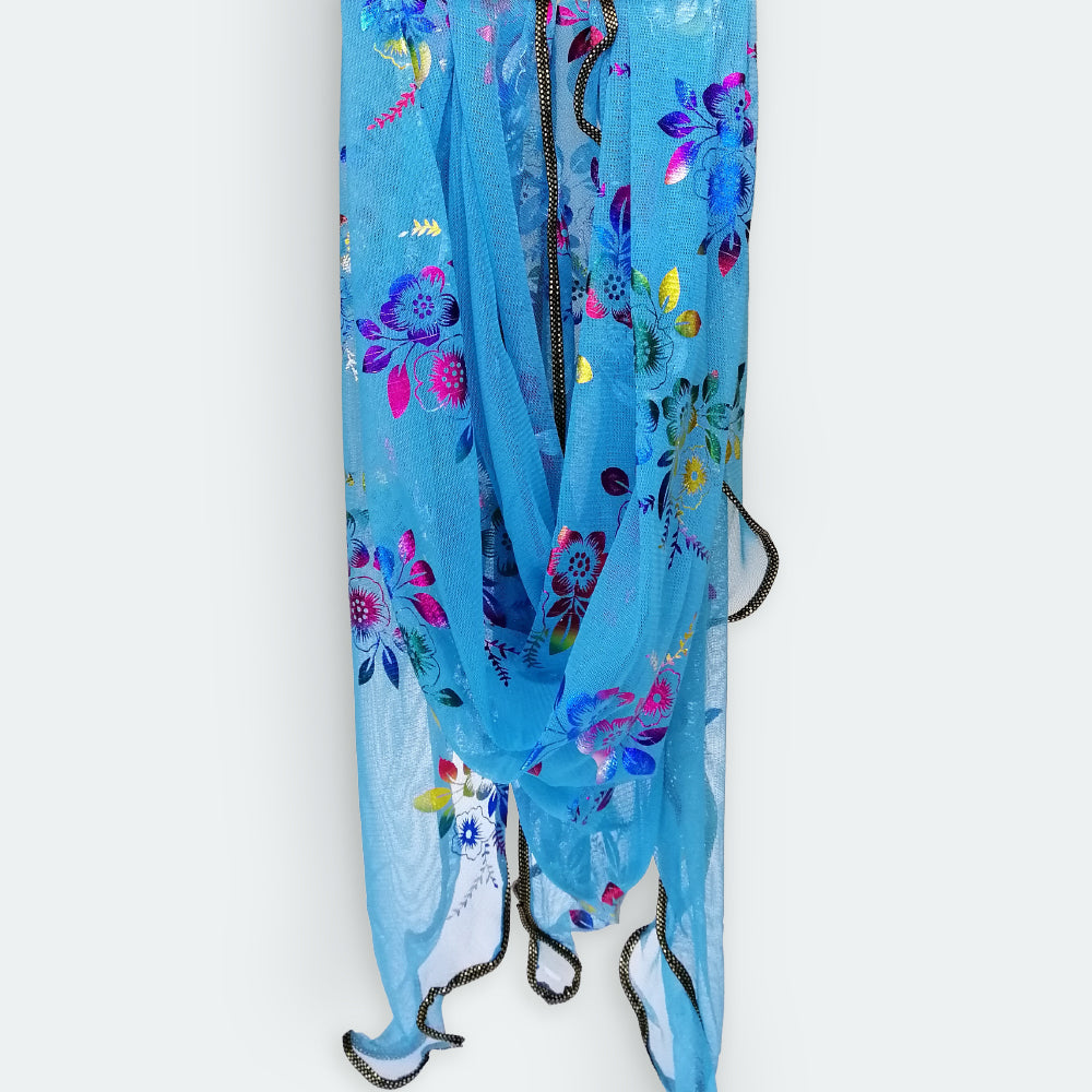 Triangle Floral Foil Net Scarf - Aqua Blue