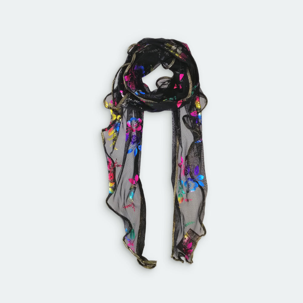 Triangle Floral Foil Net Scarf - Black