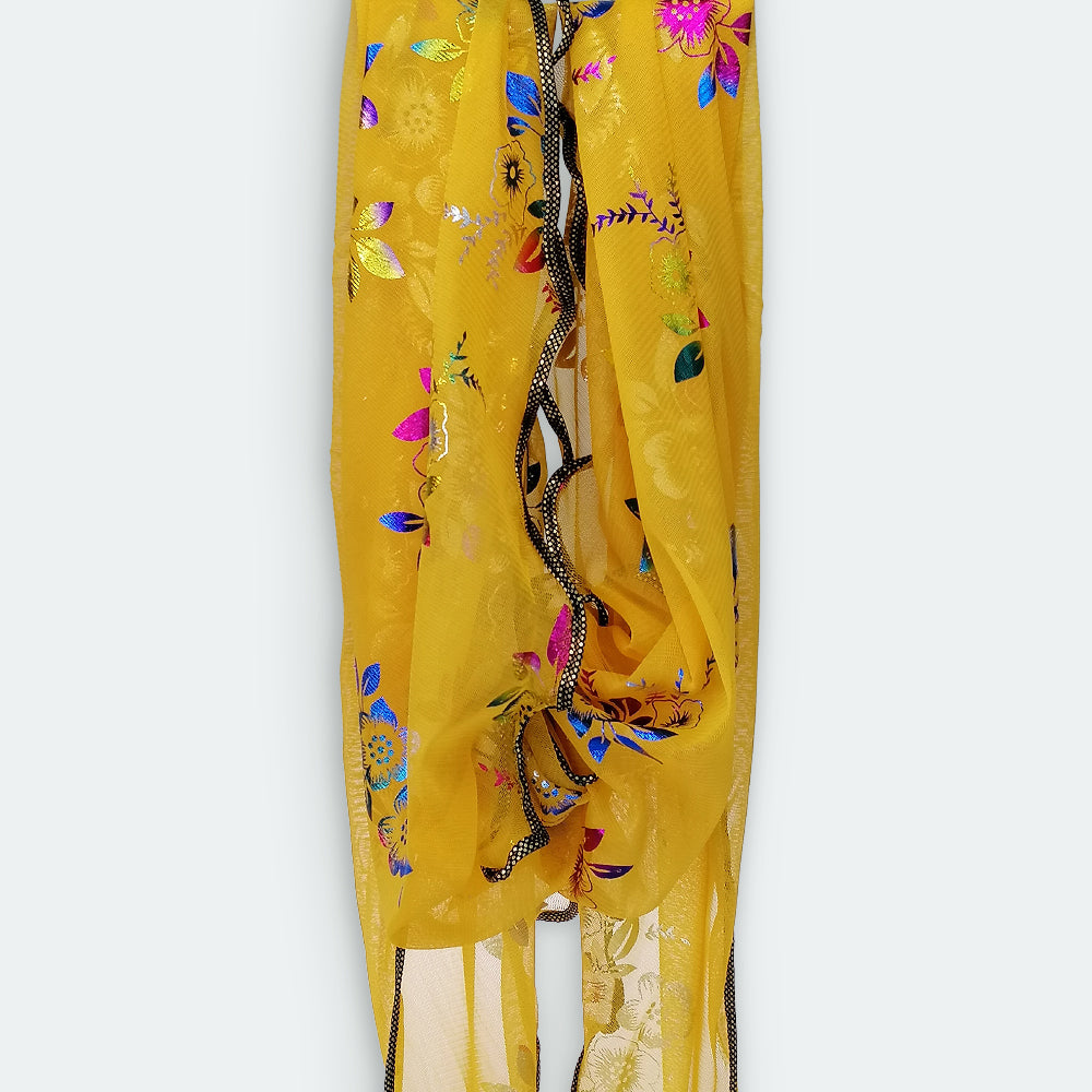 Triangle Floral Foil Net Scarf -  Mustard