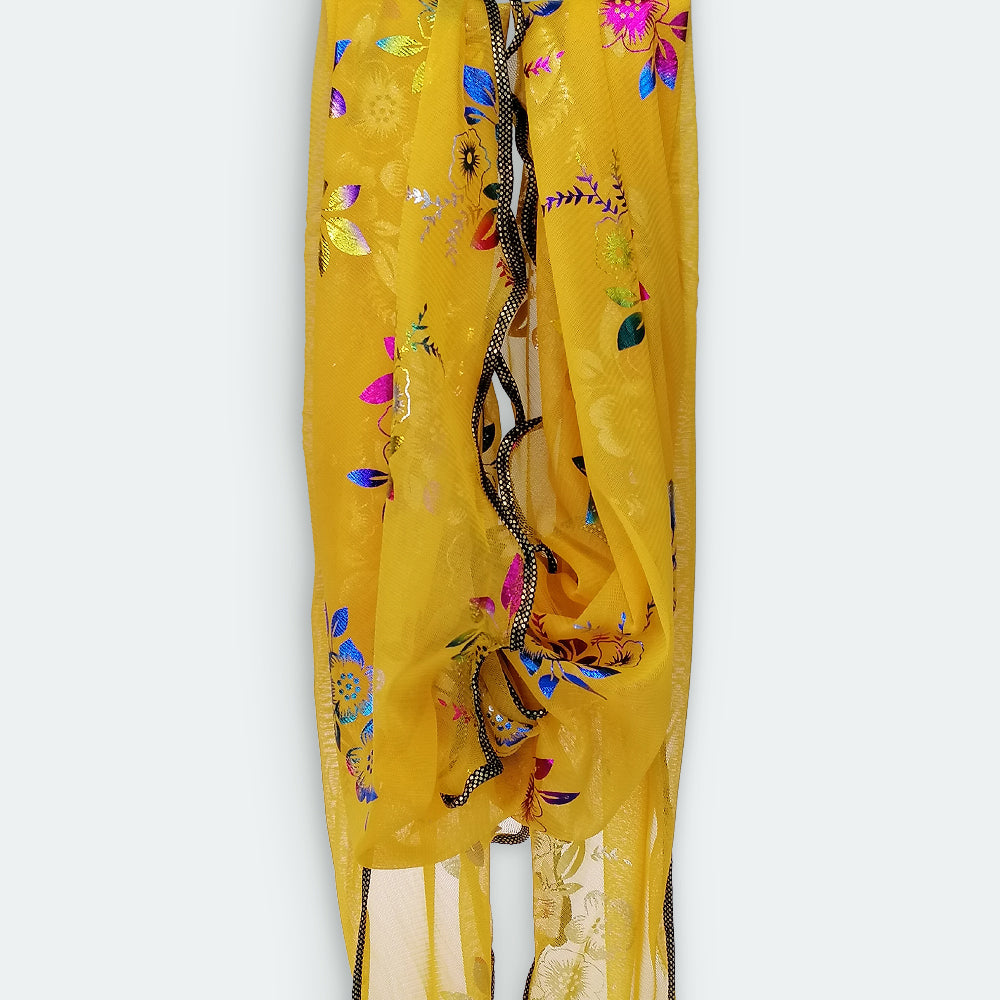 Triangle Floral Foil Net Scarf - Mustard