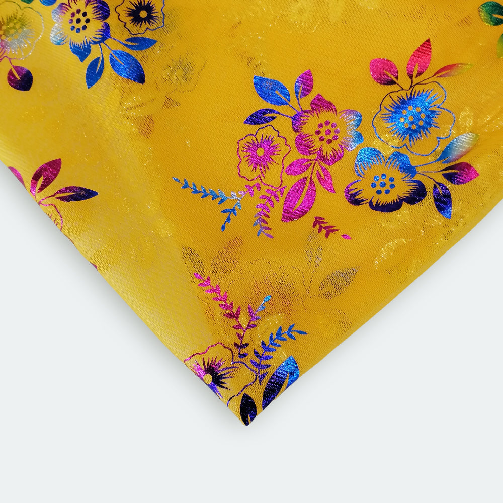 Triangle Floral Foil Net Scarf -  Mustard