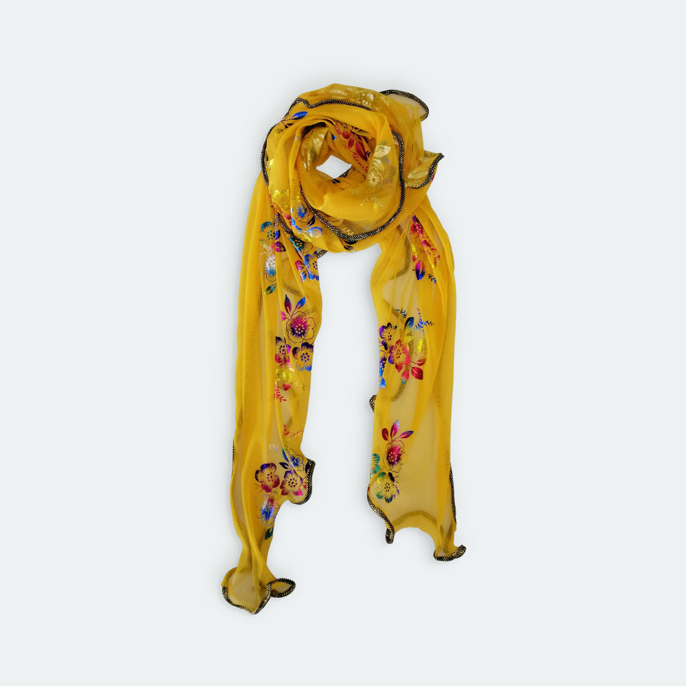 Triangle Floral Foil Net Scarf -  Mustard