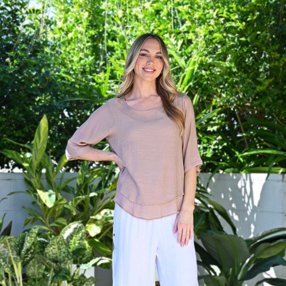 Cali&Co - R-Neck 3/4 Sleeve Cotton Top