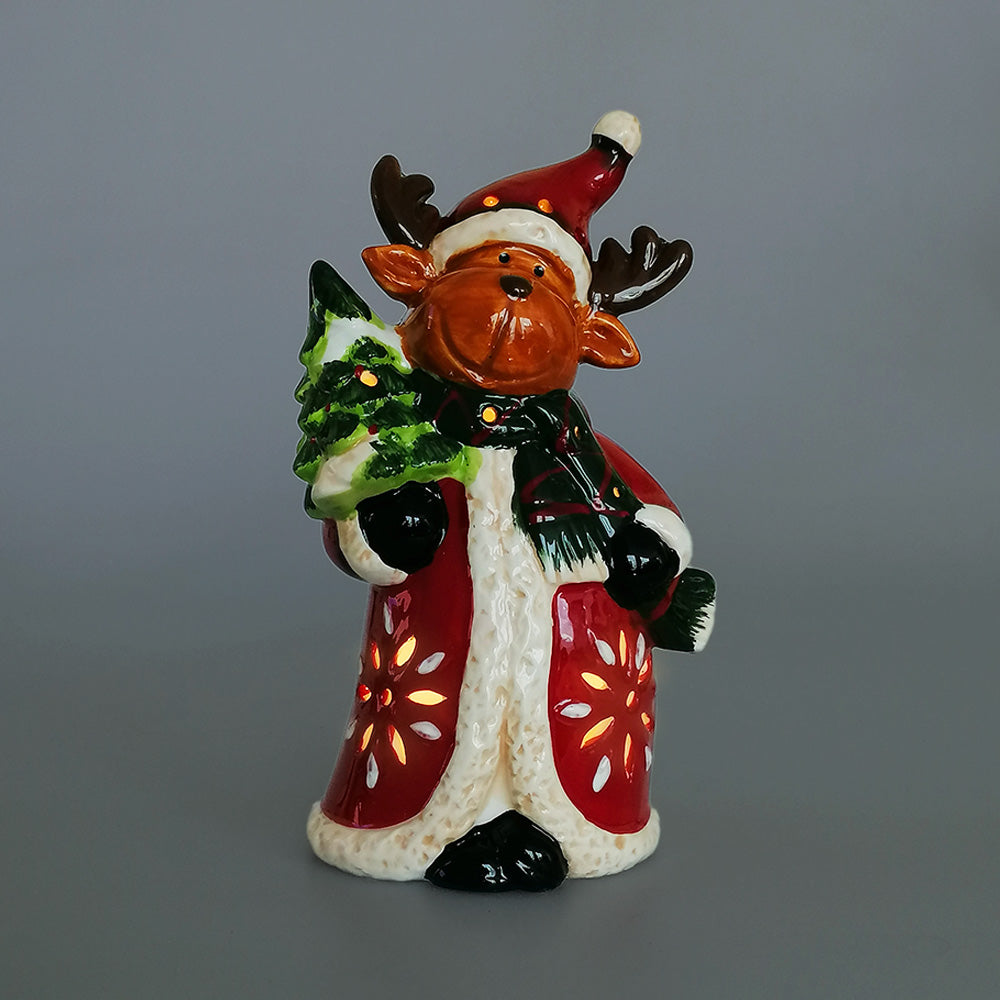 Ceramic Santa Deer W/ Tree & Lights