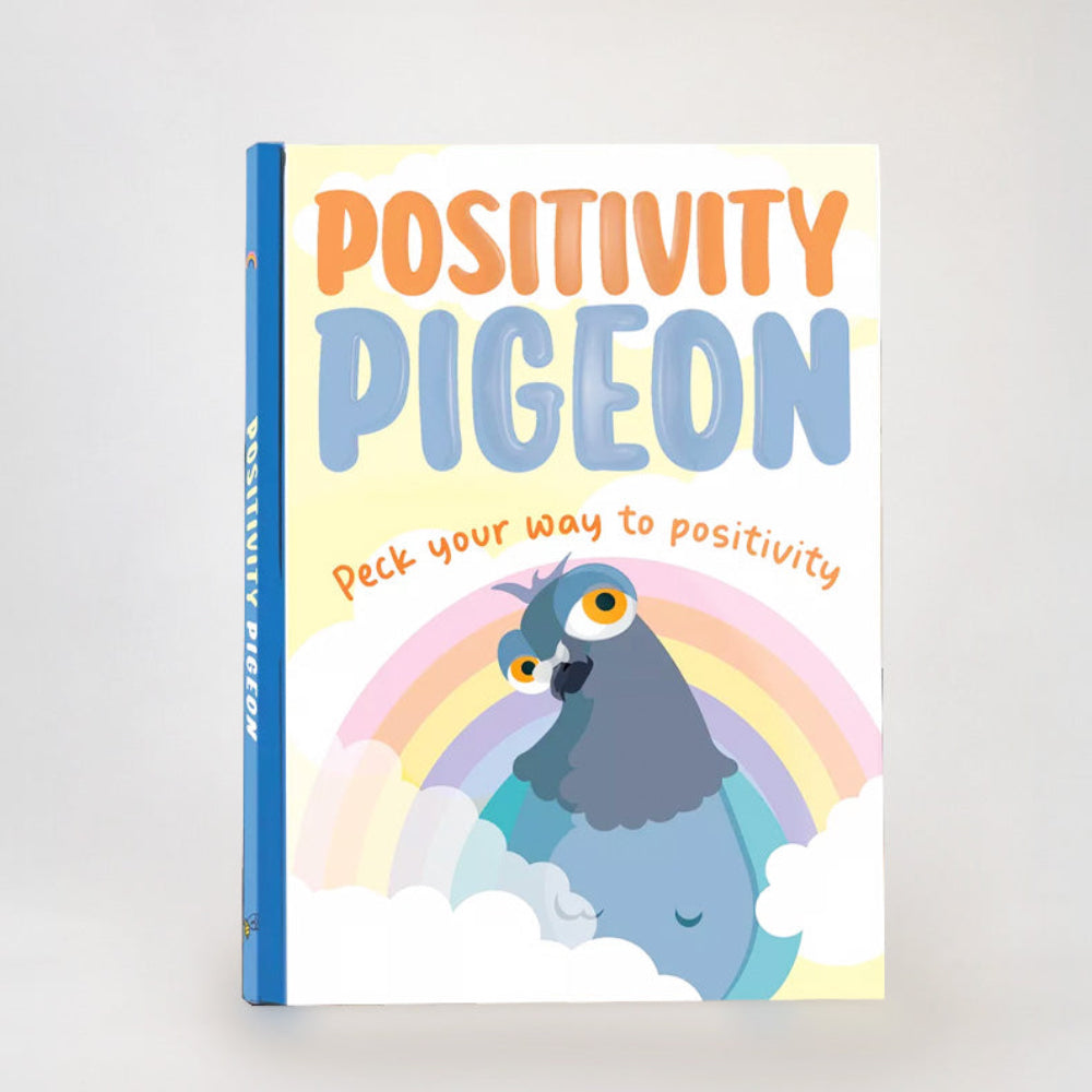 A book titled 'POSITIVITY PIGEON' with a cartoon image of a pigeon and a rainbow on the cover.