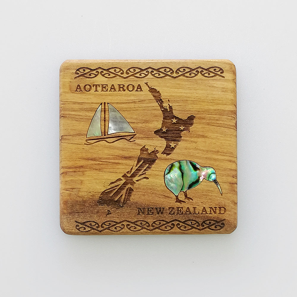 NZ Wood & Paua Magnet - Kiwi & NZ