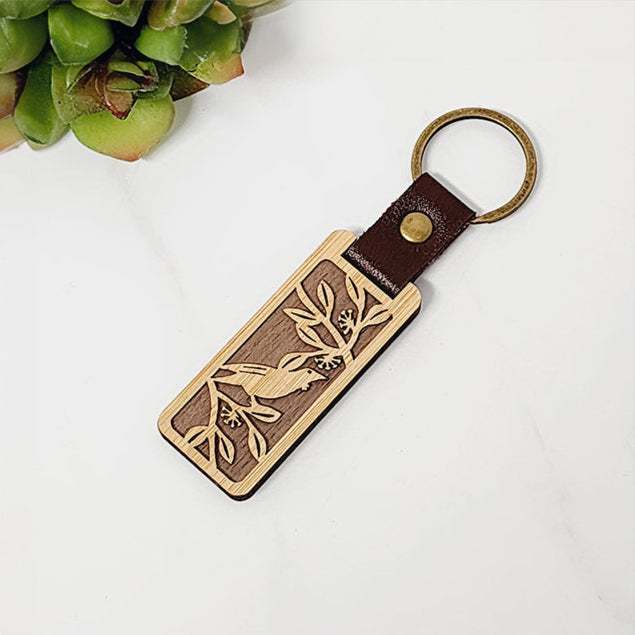 Wooden 'Tui & Pohutukawa' Keyring