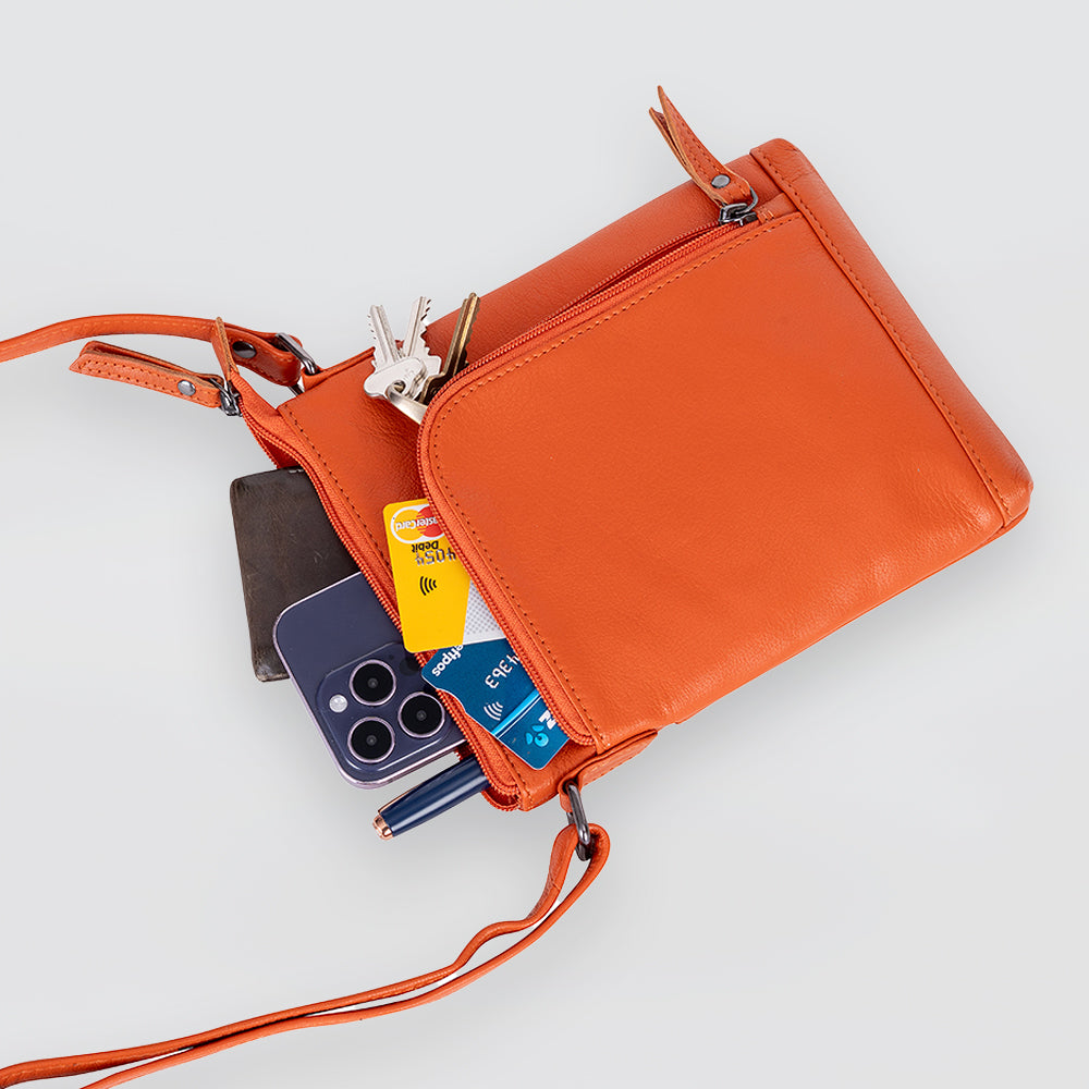 Leather Front Zip Handbag - Orange
