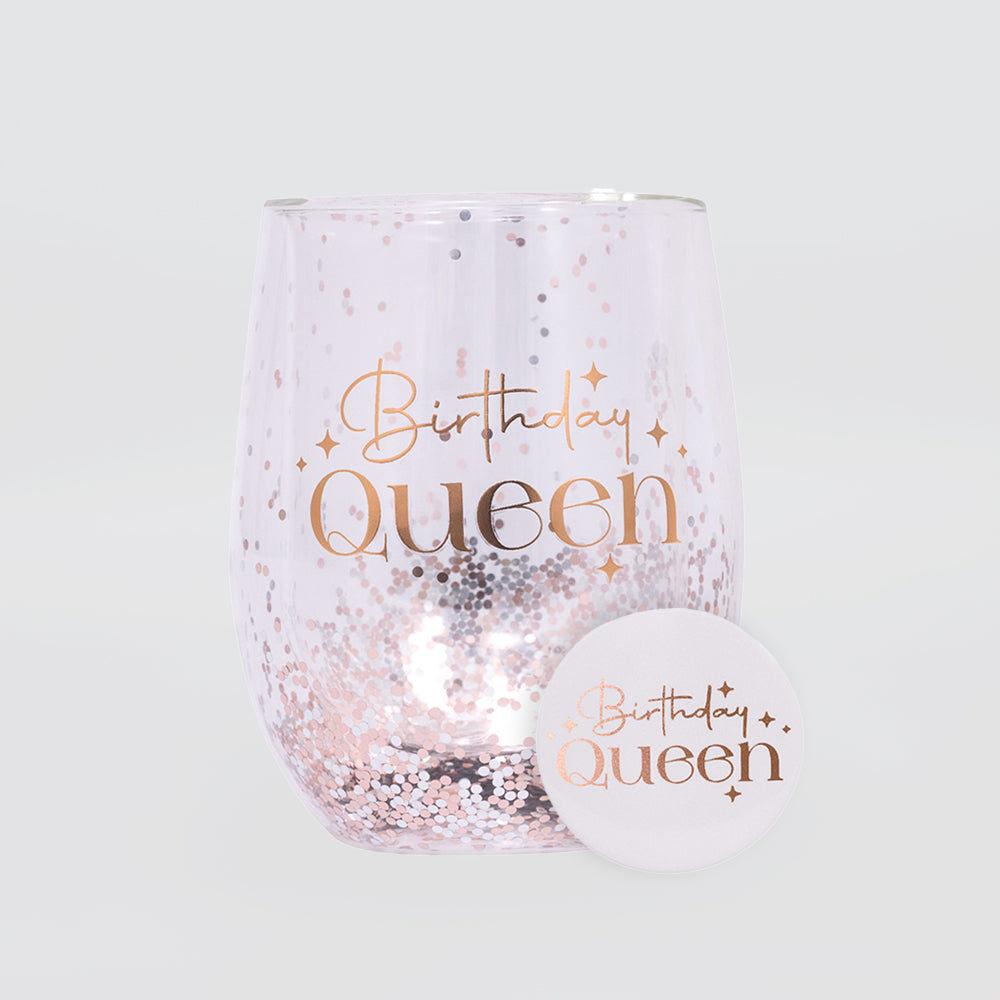 Glittery Stemless Glass - 'Birthday Queen'