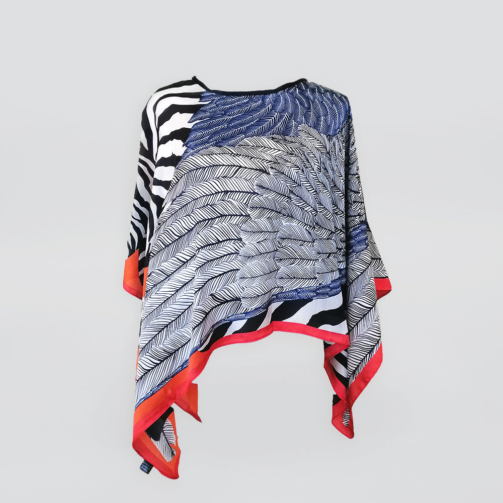 Feather Style Poncho With Red Trim