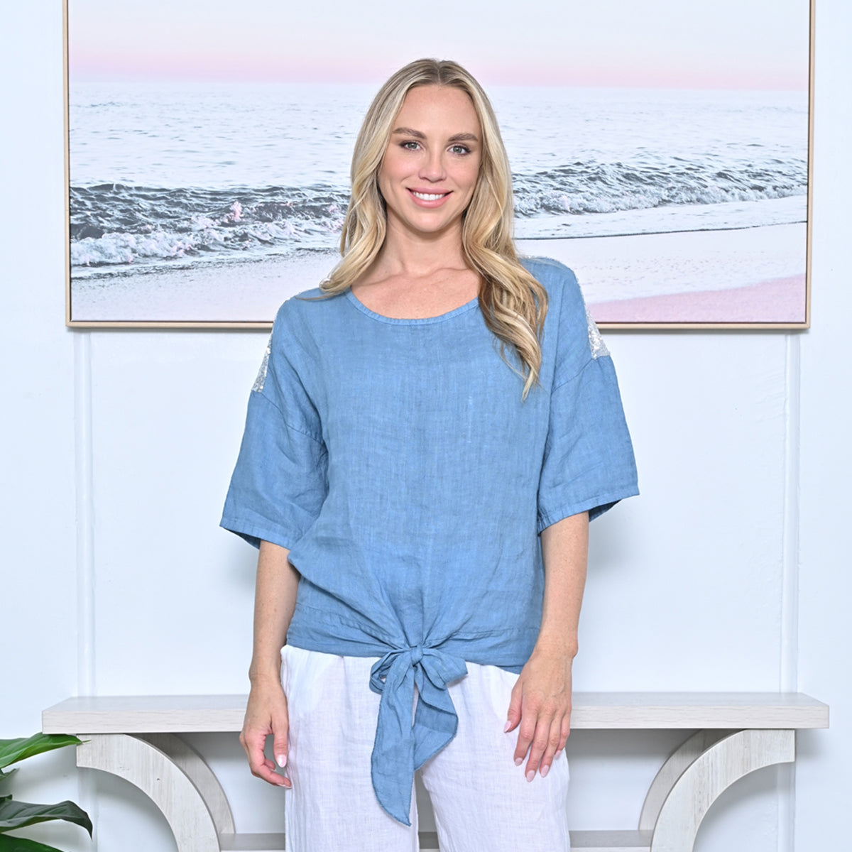Sequin Front Tie Linen Top
