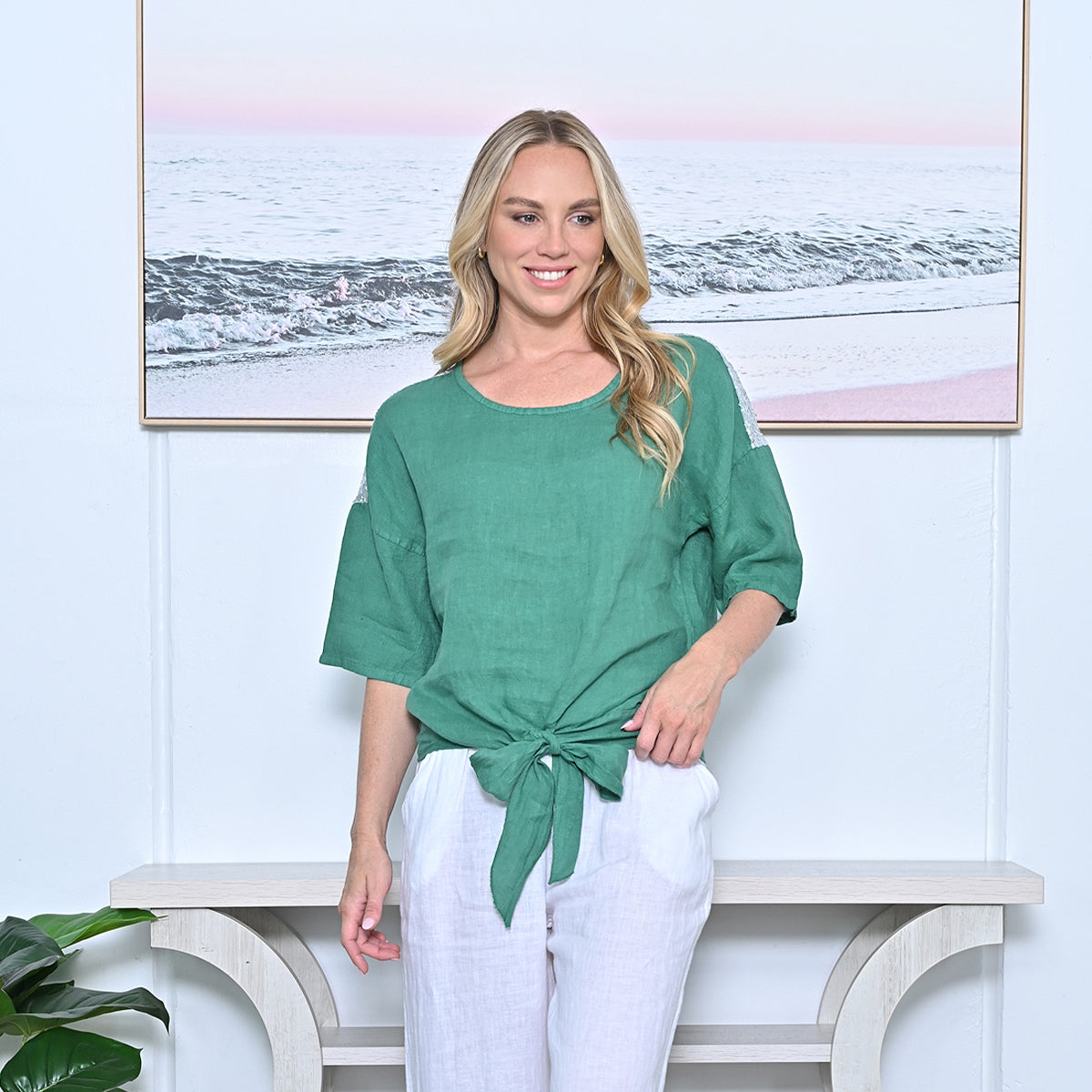 Sequin Front Tie Linen Top